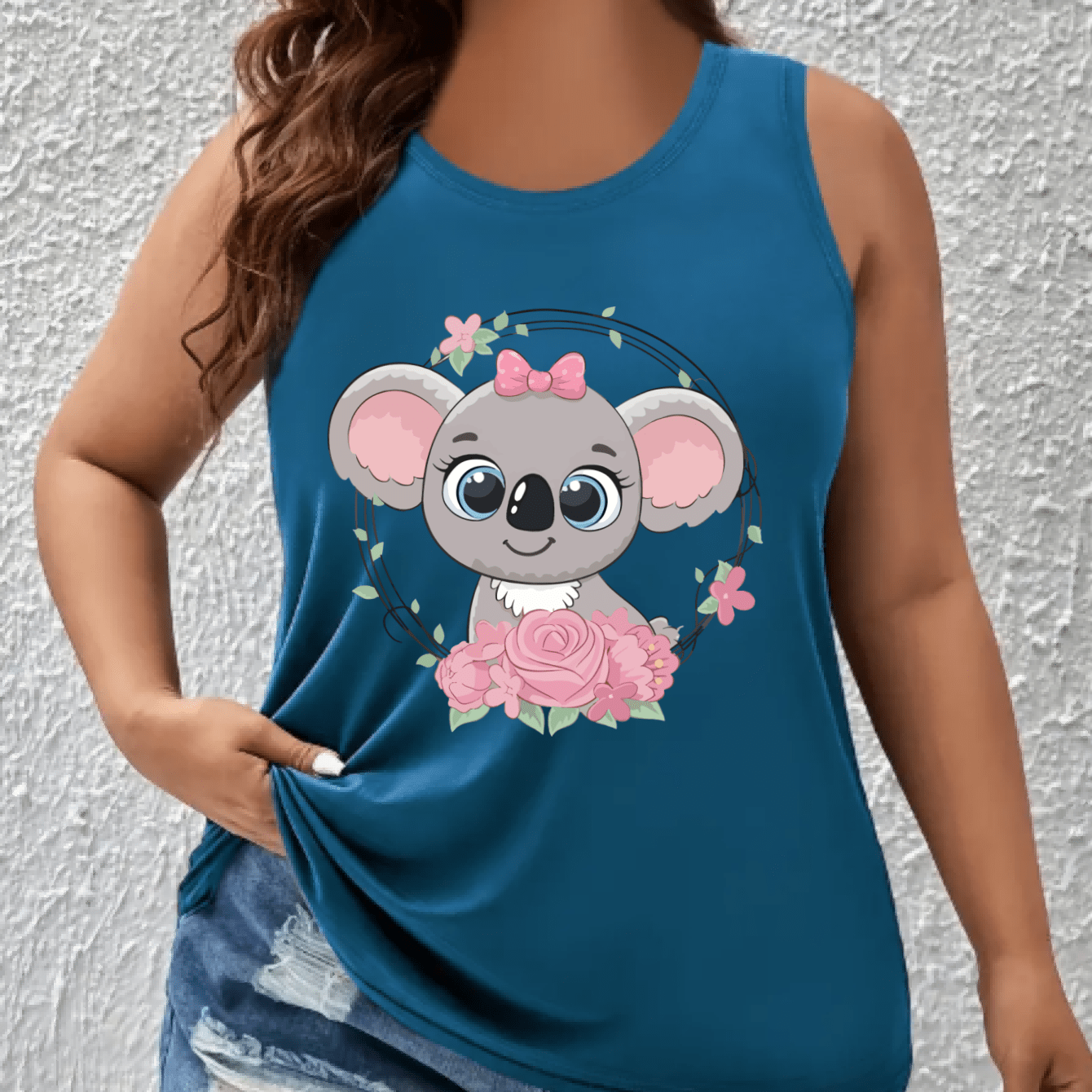 TEMU Women's Plus Size Off-the- Top With Cute Cartoon Koala & Floral Print - Breathable Stretchy Fabric, Casual Sporty Sleeveless Shirt For Spring