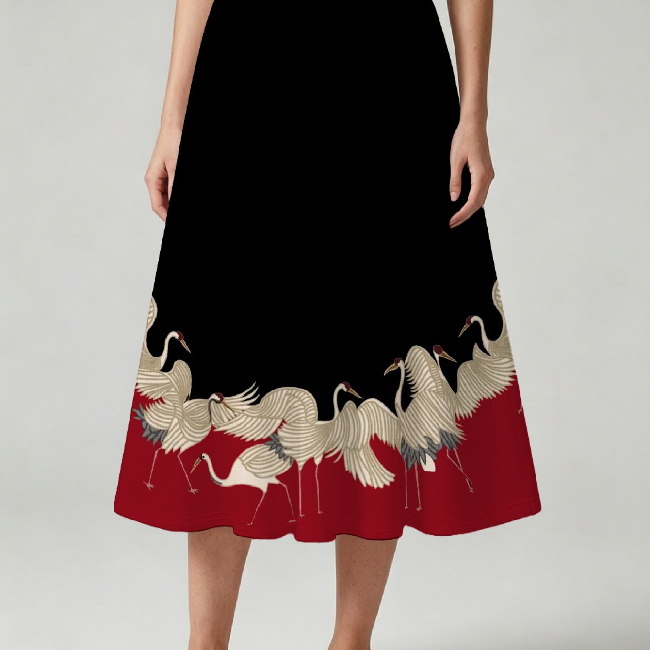 TEMU Oriental Charm New Chinese Style Black And Red Stitching Crane Print Skirt Slim And Versatile Style, Women's Skirt Elegant , Suitable For , Y2k