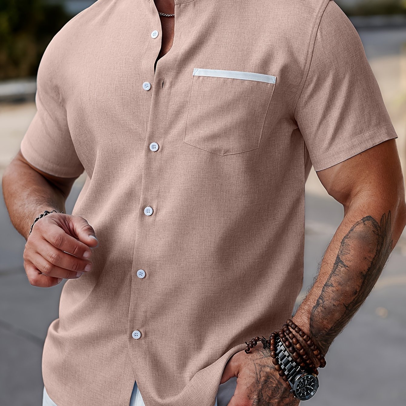 mens solid casual short sleeve button down shirt with chest pocket and stand collar for summer