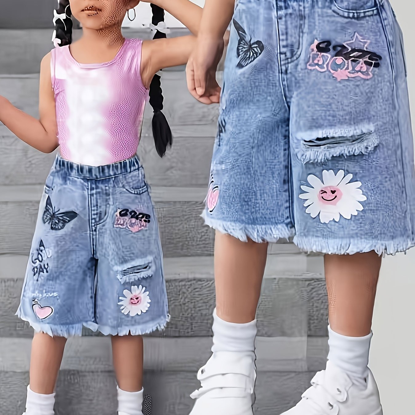 Image of Young Blue Denim Shorts With , Flower, And Heart Patterns; Girl Summer Leisure Resort Bohemian Style Clothing