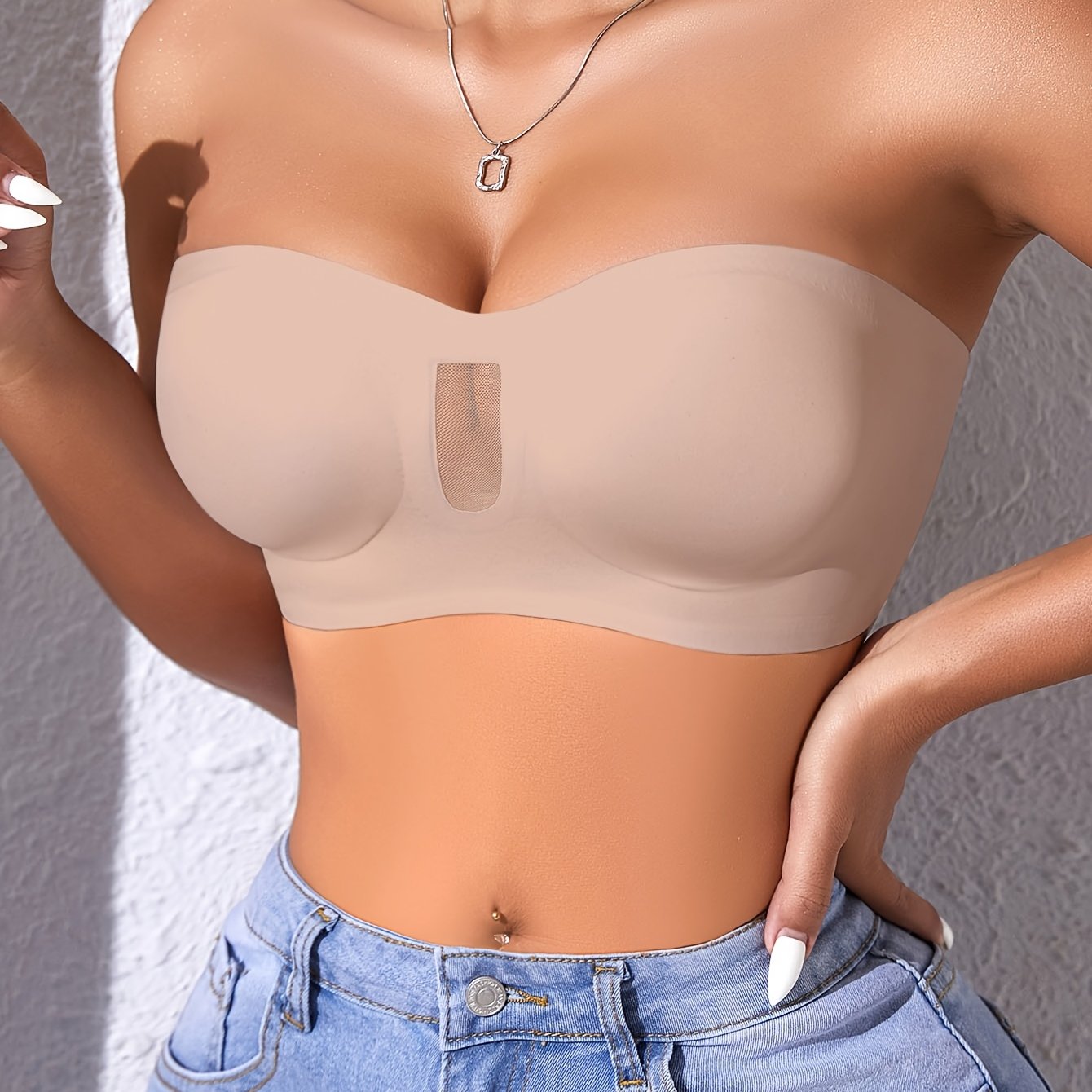 1pc Seamless Underwire Push-up Bra For Women, Mesh Strapless Bralette, , Anti-slip, Anti-drop