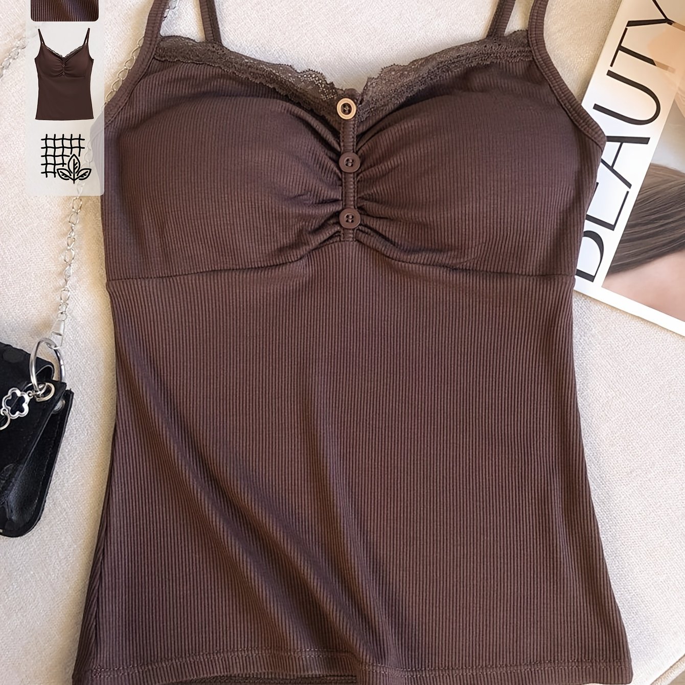 E-shop Damen Spitzen-V-Ausschnitt Camisole, Frühling Sommer mit Brustpolster, einfarbig, einfach vielseitig, Outdoor-Oberteil
