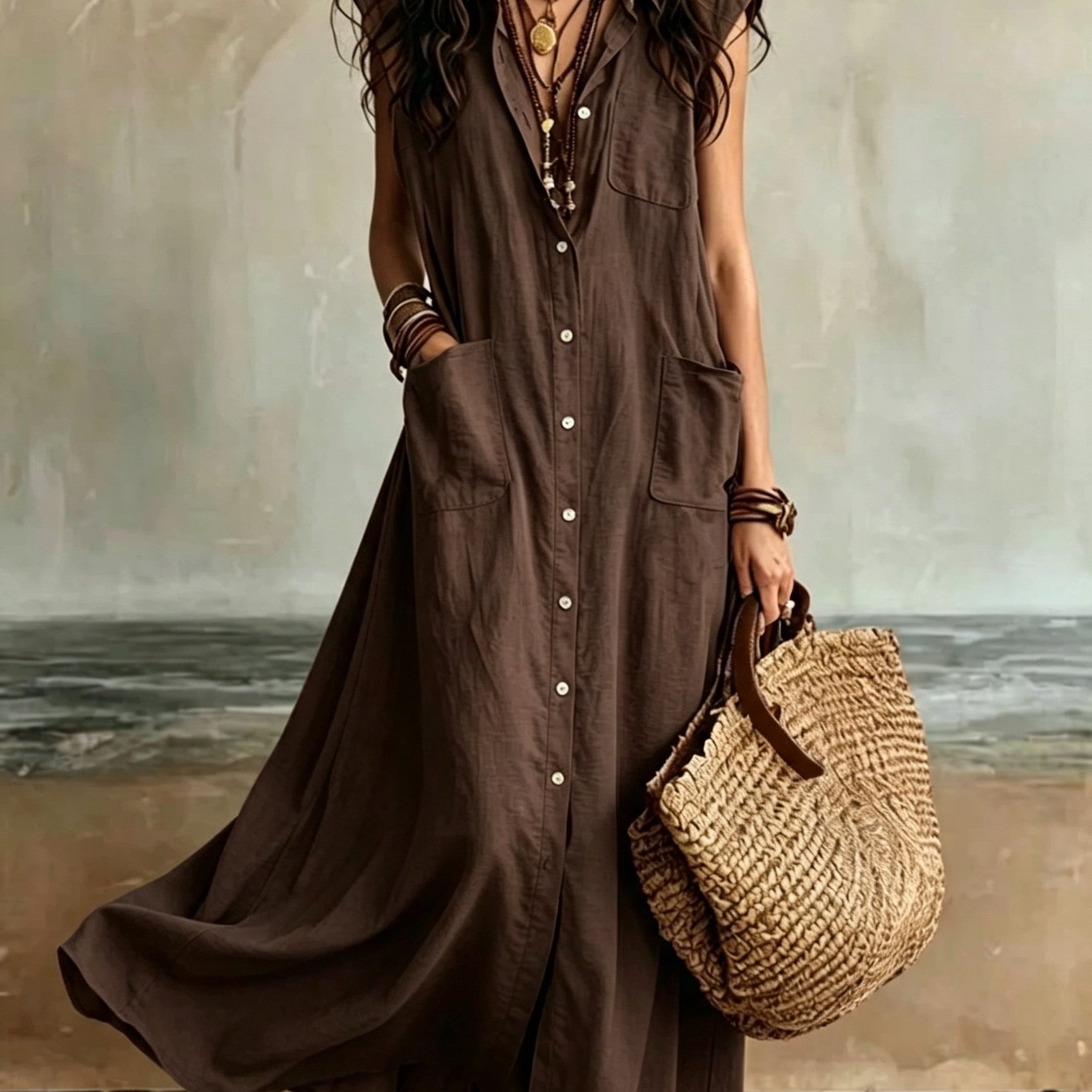 TEMU Women' Retro Bohemian A-line Button- Dress With Collar & - Sleeveless Maxi Dress Suitable For Beach Vacations, Casual Wear, Outfits, Machine