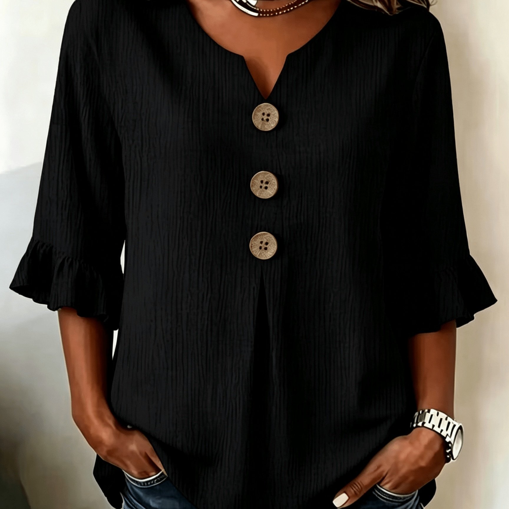 TEMU Casual Fashion Elegant Holiday Women's Regular Fit Solid Color Seersucker Three-button Ruffle Sleeve V-neck Shirt, Three-quarter Sleeve Top