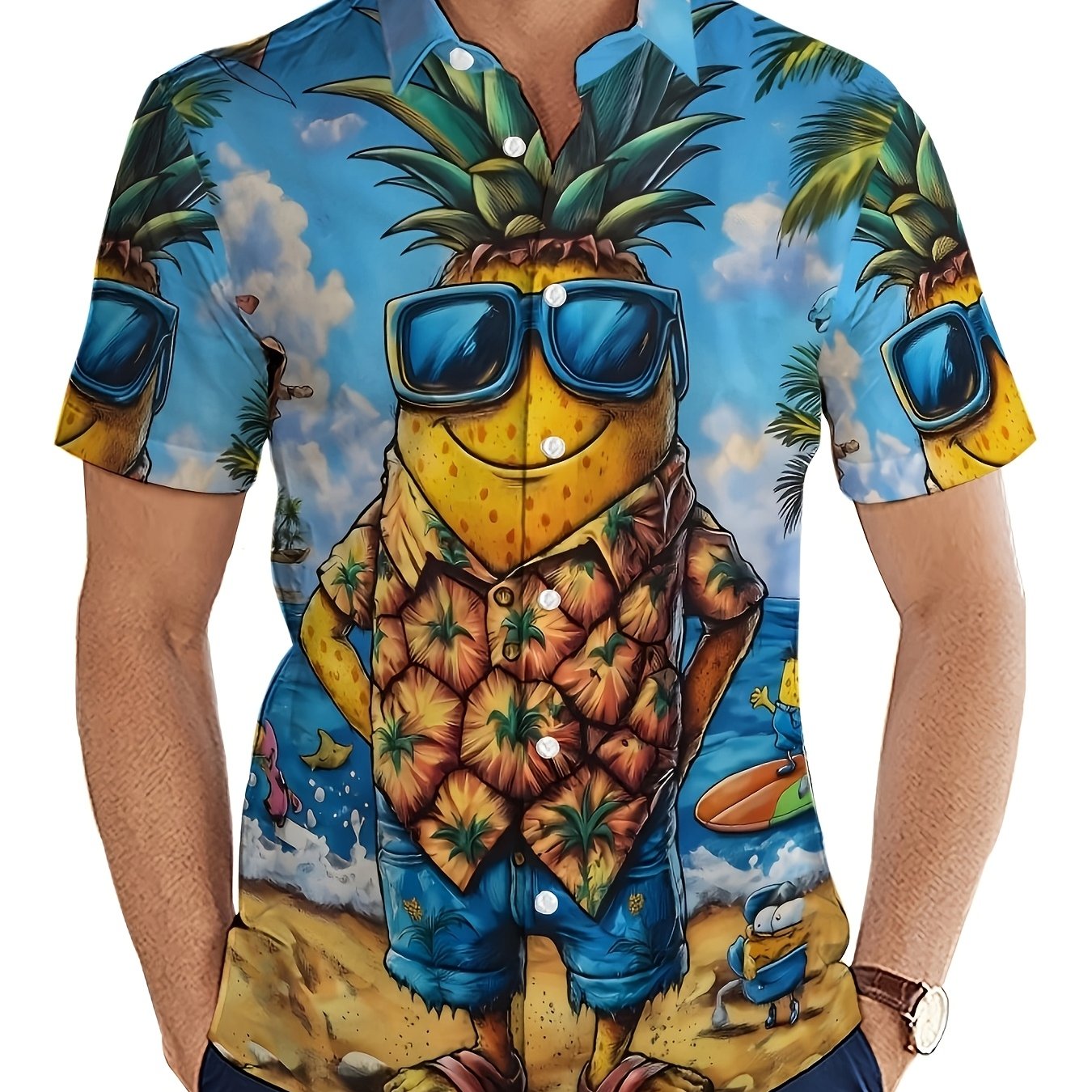 TEMU Men's Hawaiian Pineapple Print Short Sleeve Shirt - Unique Featuring Stylish Glasses And Palm Trees, Breathable Button- Collar, Machine Washable