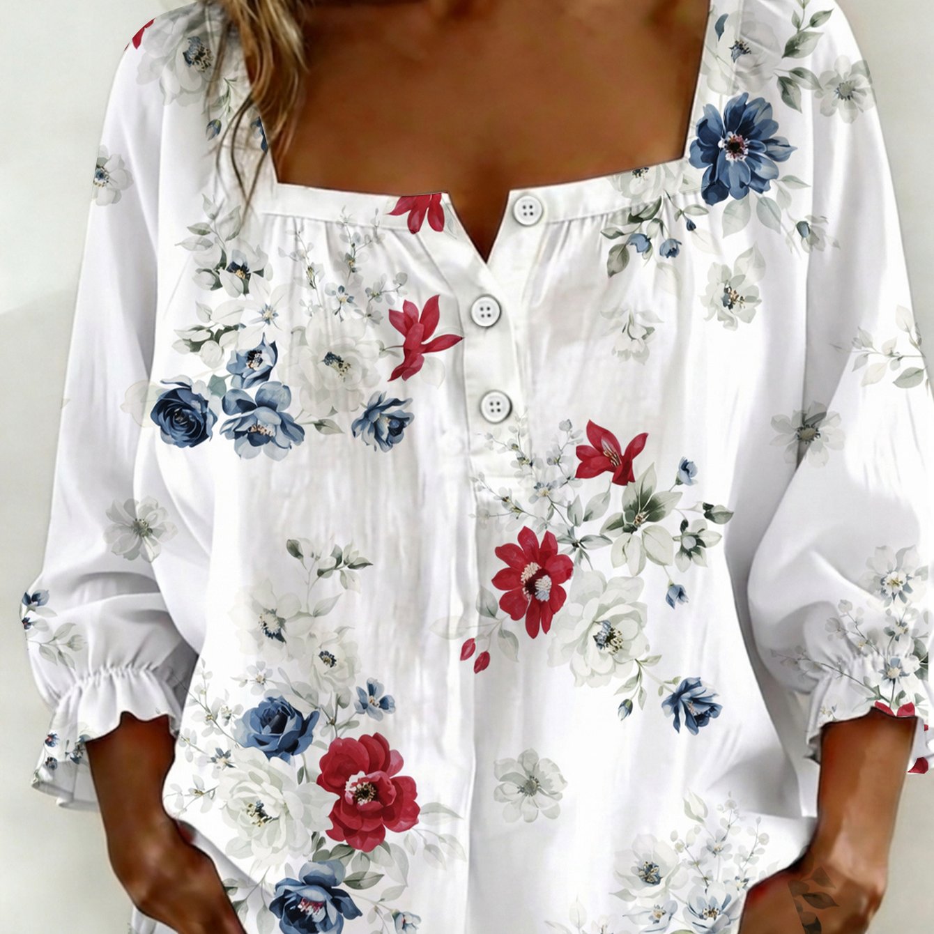 Plus Size - Plus Size - 2d Flat Printing Plus Size Women's Navy Floral White Square Neck Shirt, Square Neck Button Detail 3/4 Sleeve, Sophisticated Classic Top