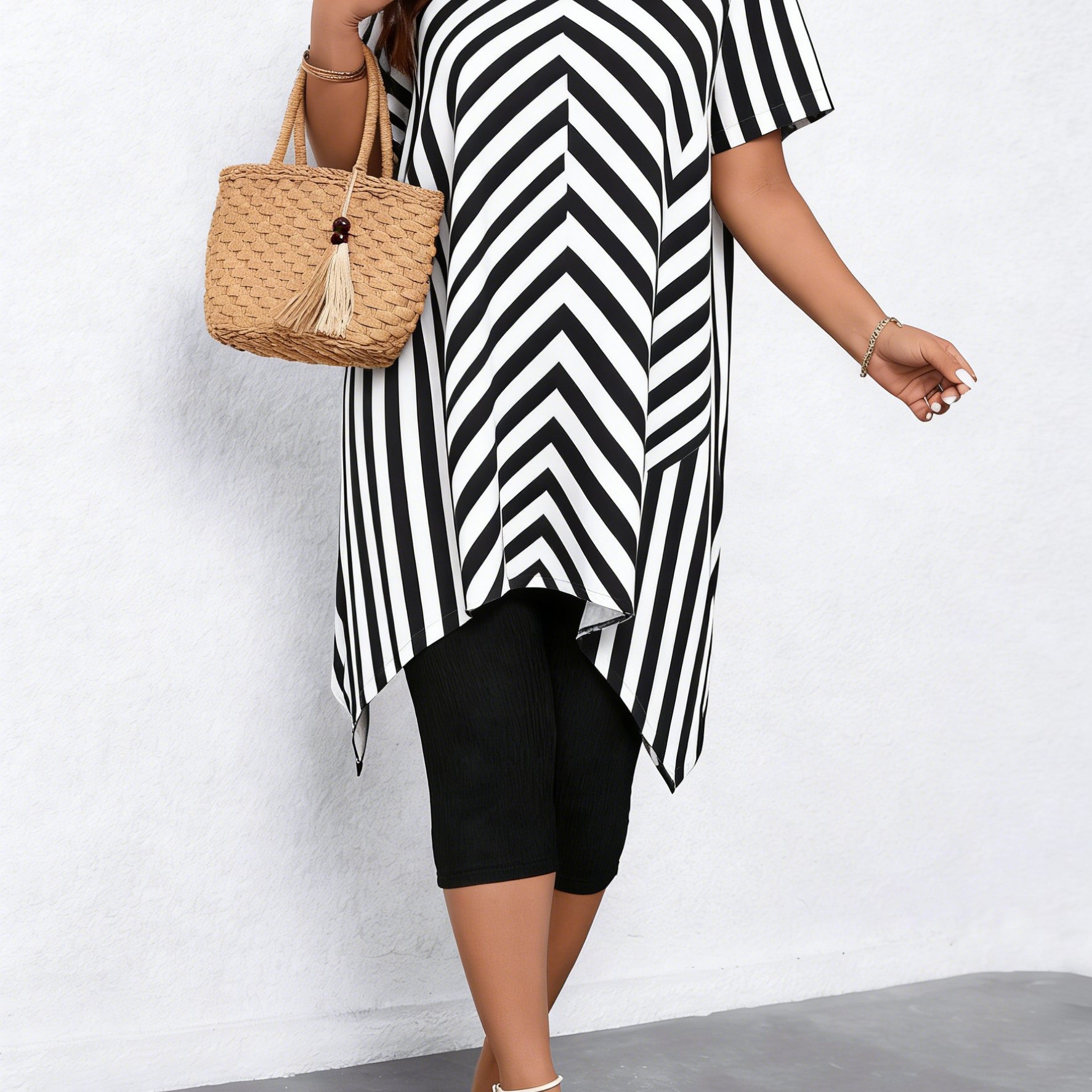 TEMU Plus Size, Women's Summer Breathable Loose-fit Mid-length Striped Print T-shirt