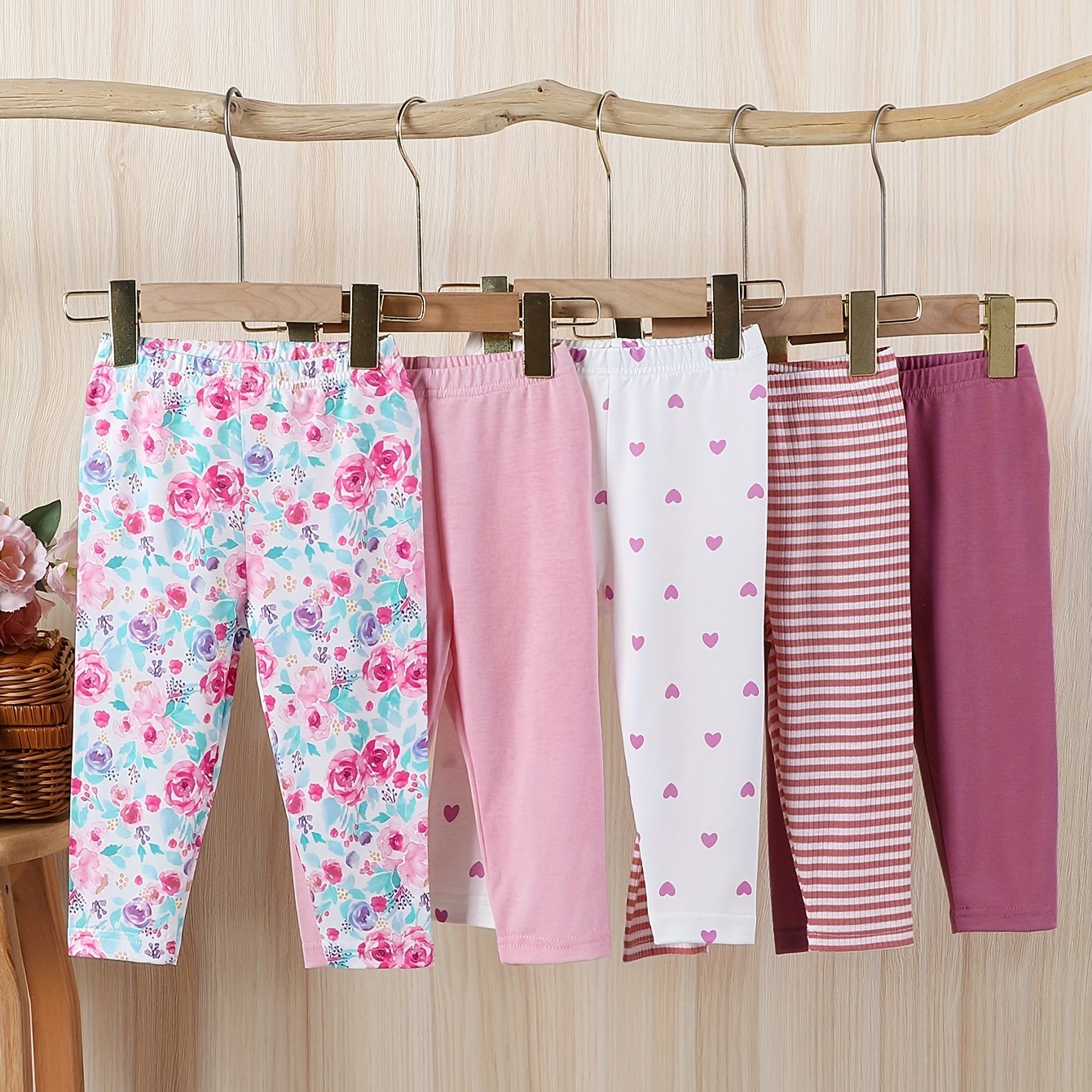 Image of A 5pcs Set Of Long Pants For Baby Girls Featuring A Floral Heart And Fine Striped Pattern, Perfect For Casual Outdoor Wear And Autumn, Suitable As A Gift, For Outdoor