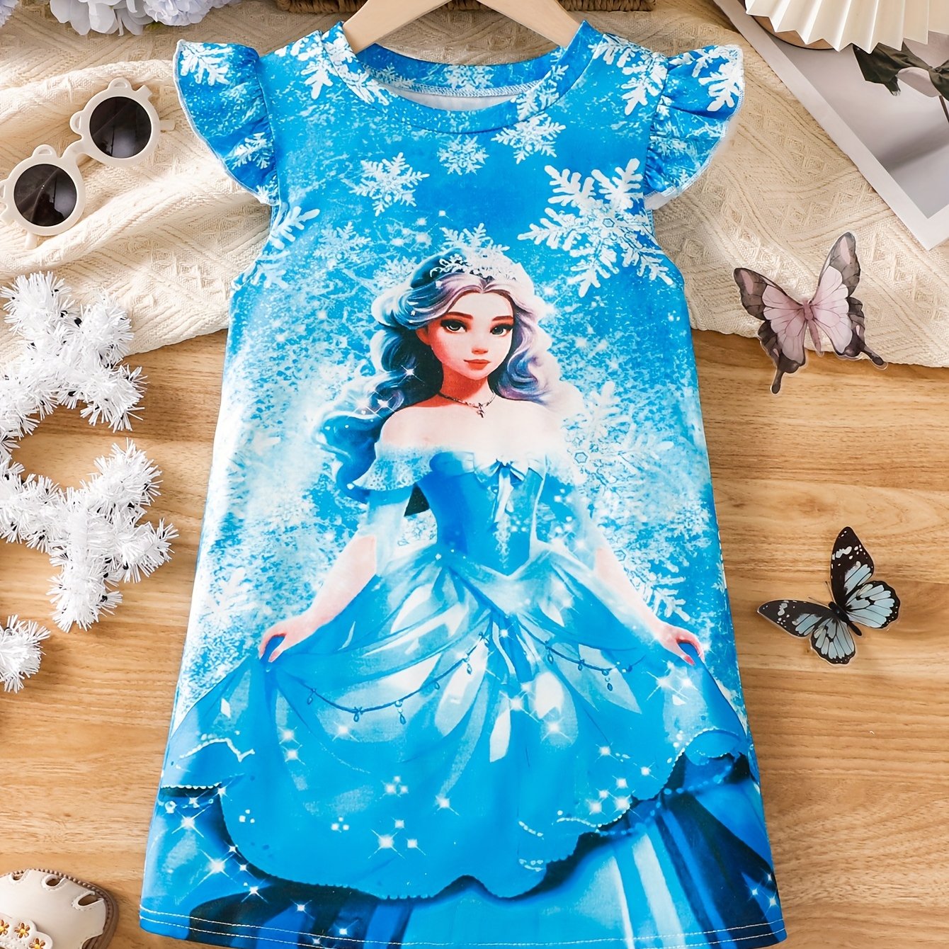 Image of Girls Stylish & Casual Cartoon Princess Graphic Print Flutter Sleeve Dress For