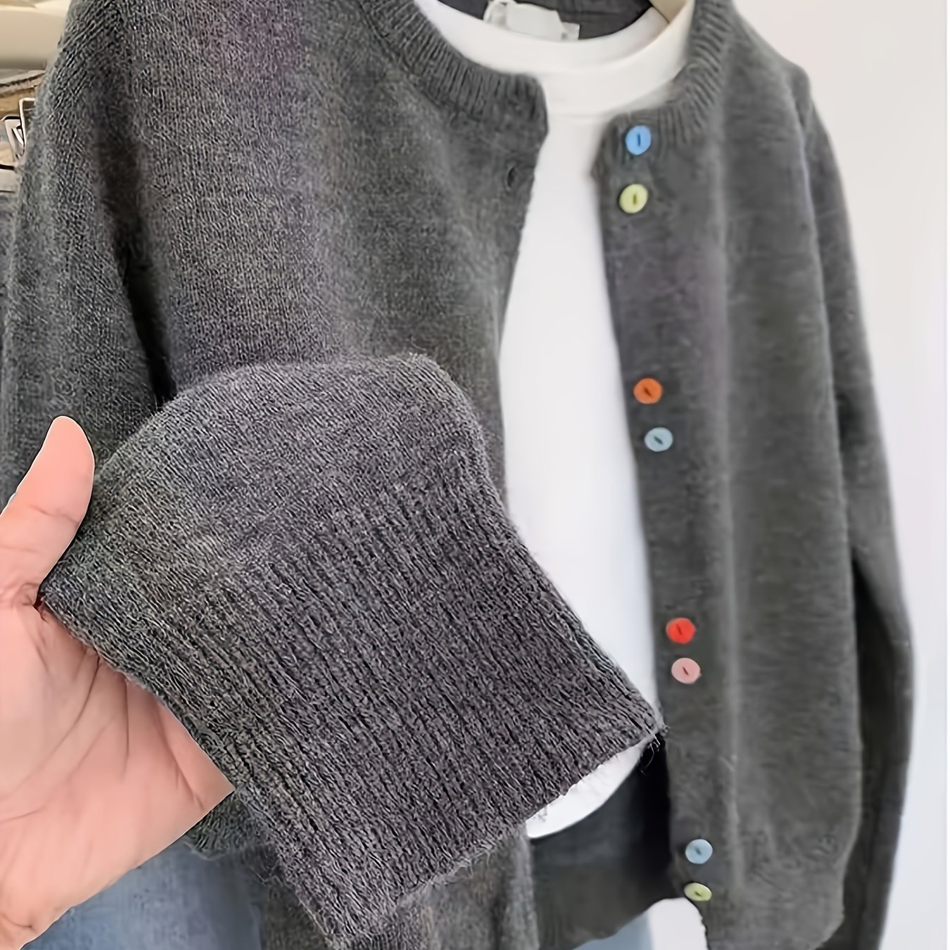 Image of Women's Gray Casual Cardigan With Colorful Buttons - Round Neck Open Front Design, Soft Sweater For Layering, Hand Wash/, Sweater, Versatile Layering, Design, Durable Construction, Casual Attire