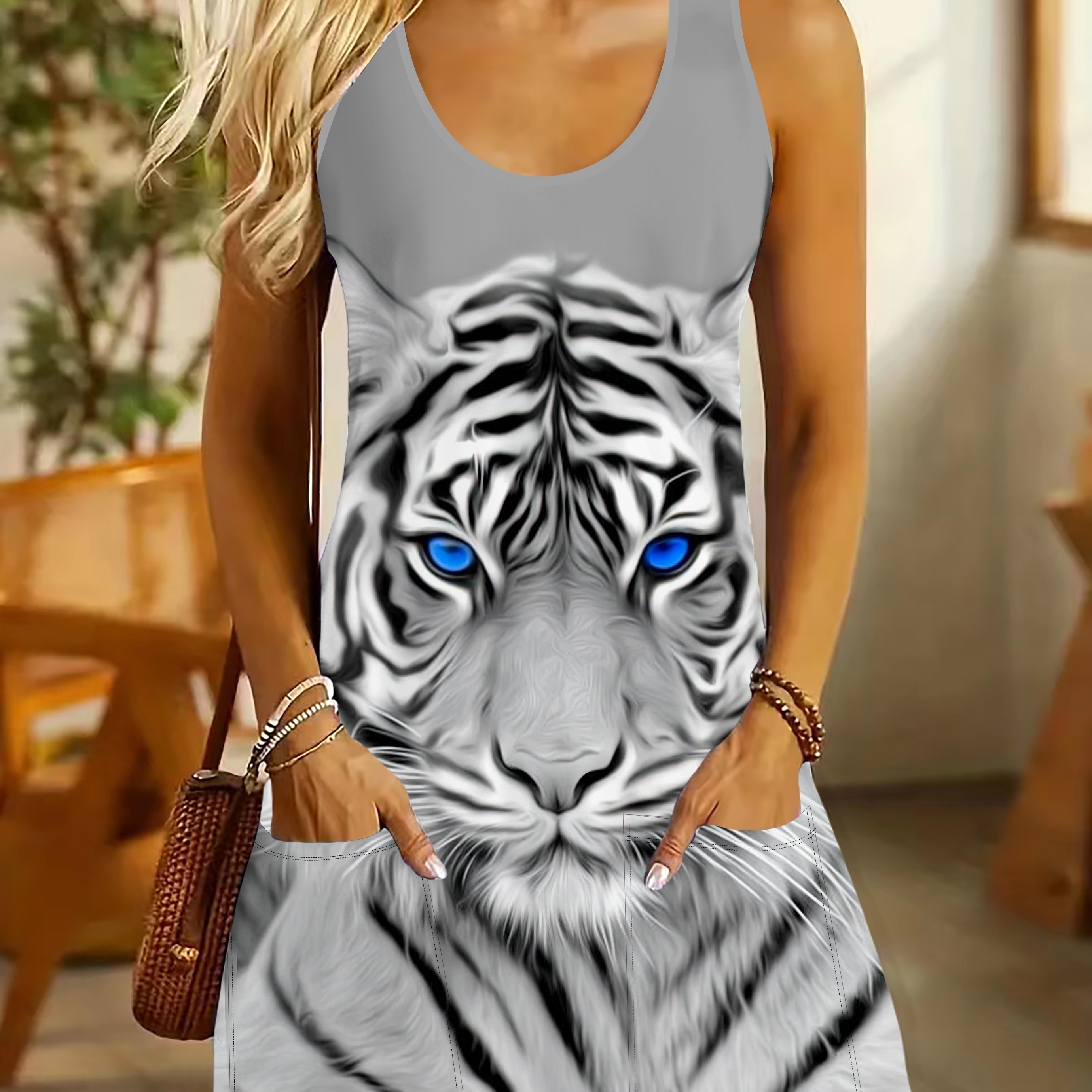 Plus Size, Ladies' Fashion Casual Tiger Print Double Pocket Vest Dress;