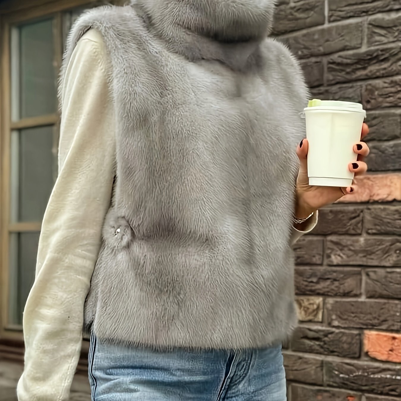 TEMU Autumn/winter Women's Streetwear Vintage Mink Vest Jacket, Fashionable Solid Color Sleeveless Warm Sleeveless Vest, Short Solid Color Jacket