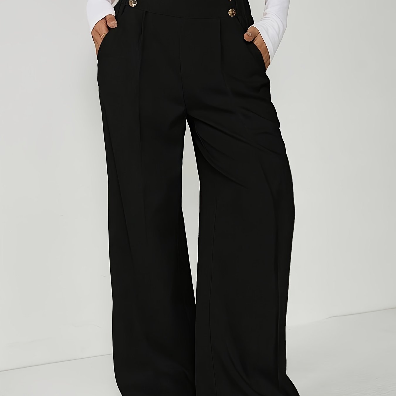 Women's Elegant Double-button Elastic Waist Side Pocket Casual Straight Loose Pants, Easy Solid Black Trousers, Spring, Summer And Autumn, Suitable For Work, Travel, Daily Wear, Etc. [oa6020]