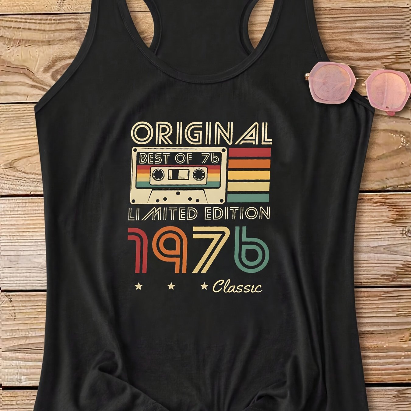 TEMU Women's Original 1976 Edition Retro Cassette Tape Print Tank Top - Sleeveless Round Neck Blouse-compatible For Brand | Machine Washable Spring