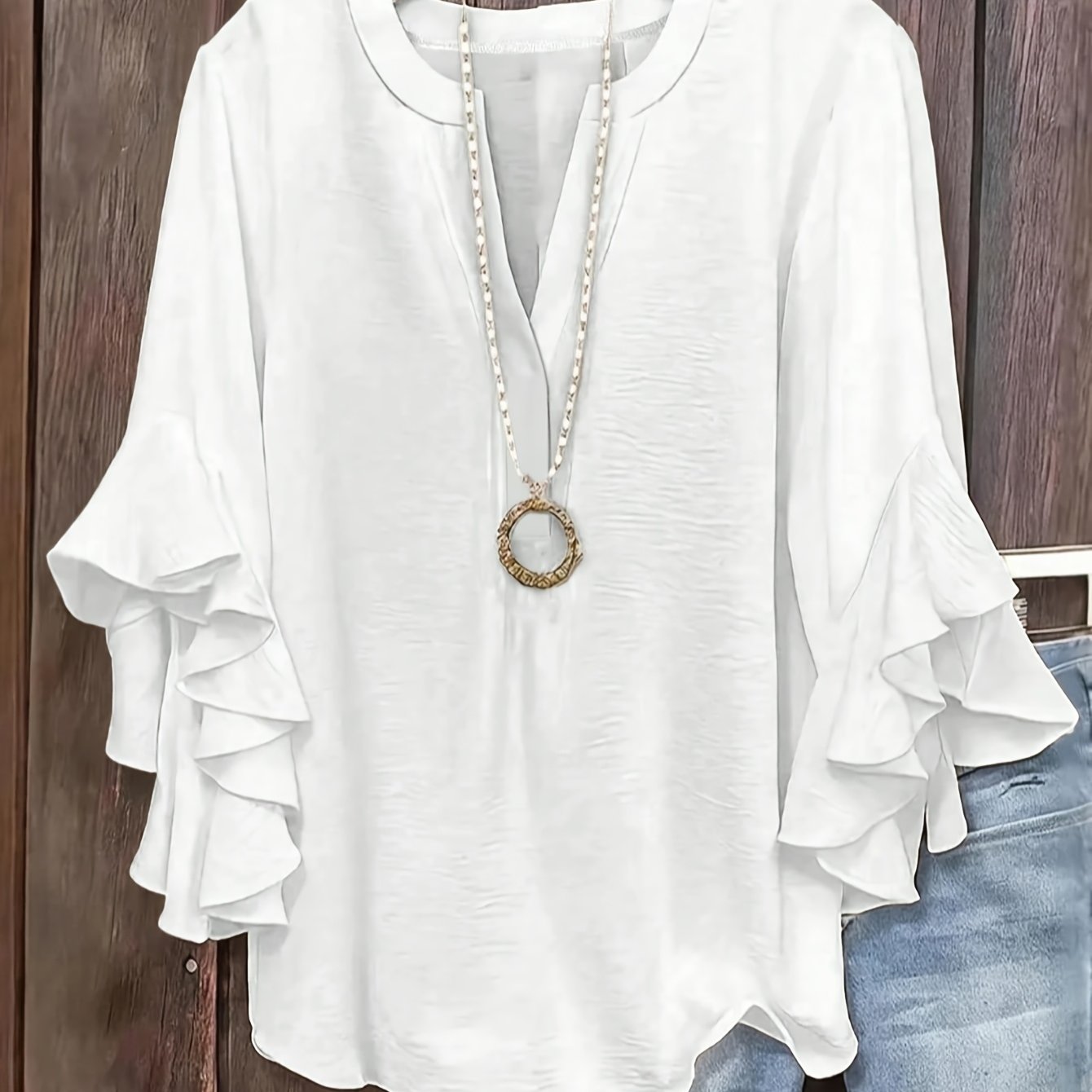 TEMU Plus Size, Plus Size Women's Shirt Top, New Summer Fashion, Loose Fit, Flared Three-quarter Sleeve, V-neck Blouse