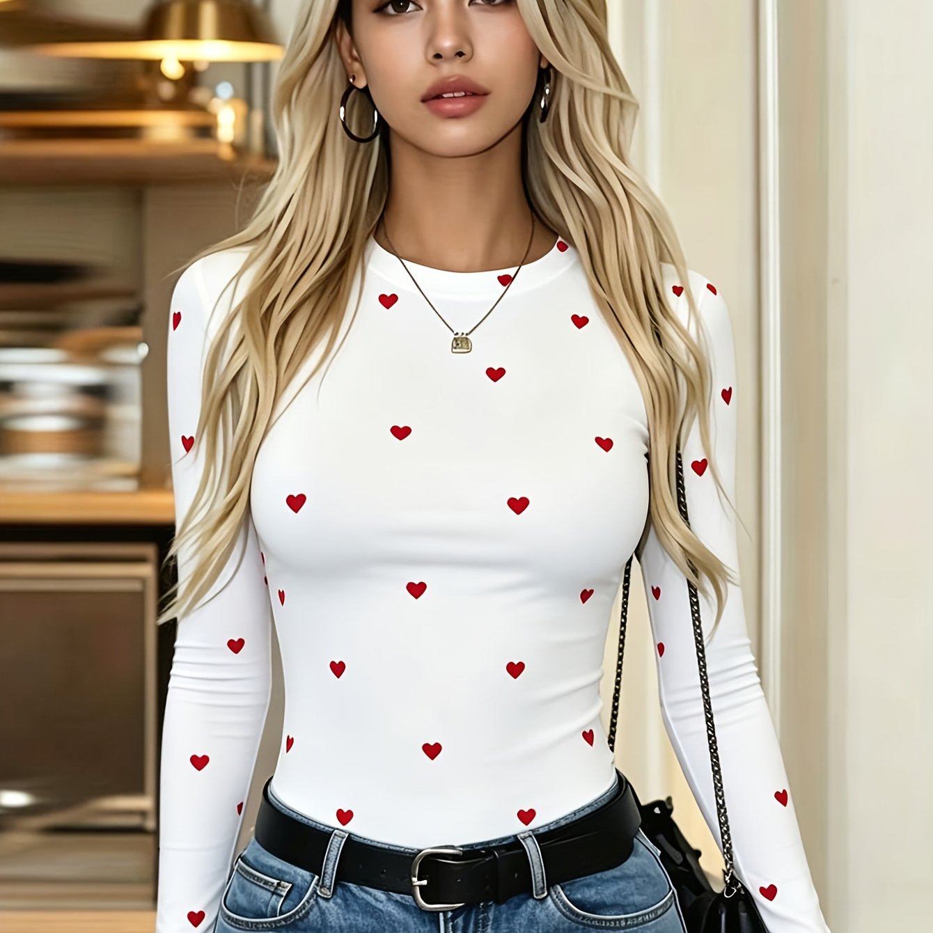 TEMU Women's Elegant Printed Slim T-shirt, Round Neck Long Sleeve Top, Casual Base Layer, Comfortable Stretch Fabric, Women's Clothing
