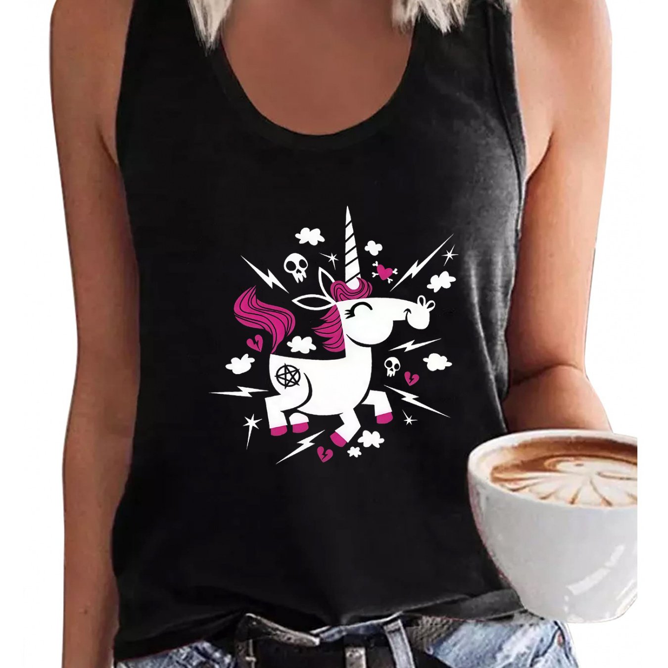 TEMU Women's Unicorn Print Sleeveless Tank Top - Stretchy Crew Neck Blouse-compatible Vest Suitable For Spring/summer, Casual Unicorn-themed Blouse