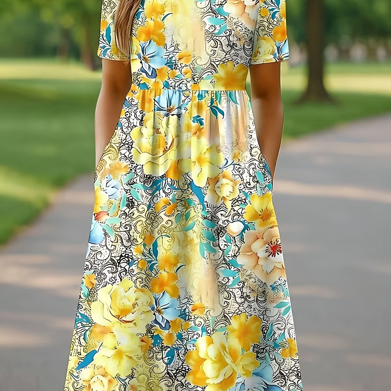 TEMU Plus Size, Plus Size Women's Elegant Floral Print Short Sleeve Round Neck Dress With Pockets, Summer Casual Loose Fit Dress, Medium Stretch Soft