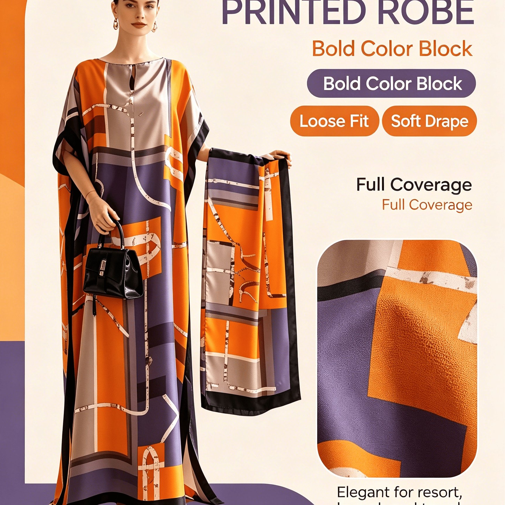 TEMU Plus Size - Orange Purple Contrasting Geometric Color Block Printing Plus Size Women's Long Robe, Long Skirt, Boat Neck, Loose Batwing Sleeves