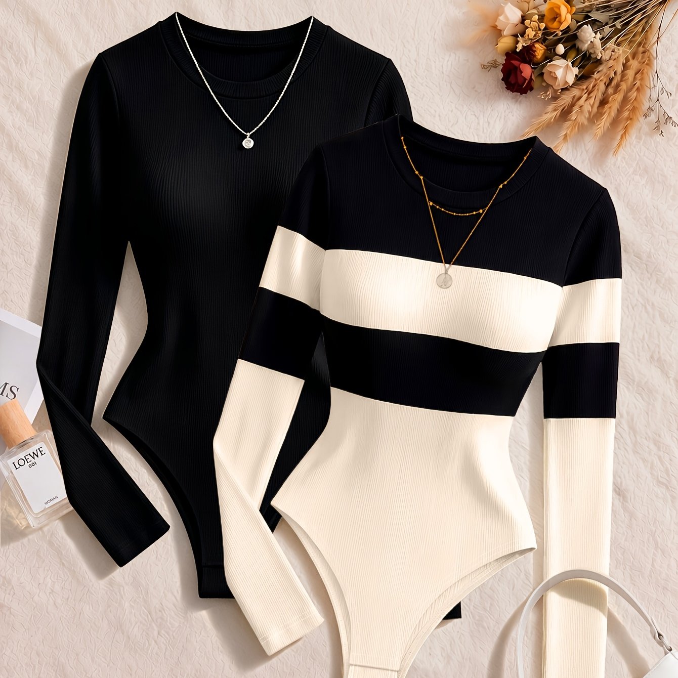 TEMU 2pcs New Autumn Style Simple Round Neck Long Sleeve Bodysuit For Women, Soft, Skin-friendly,, And Shaping, Suitable For Daily Commuting And