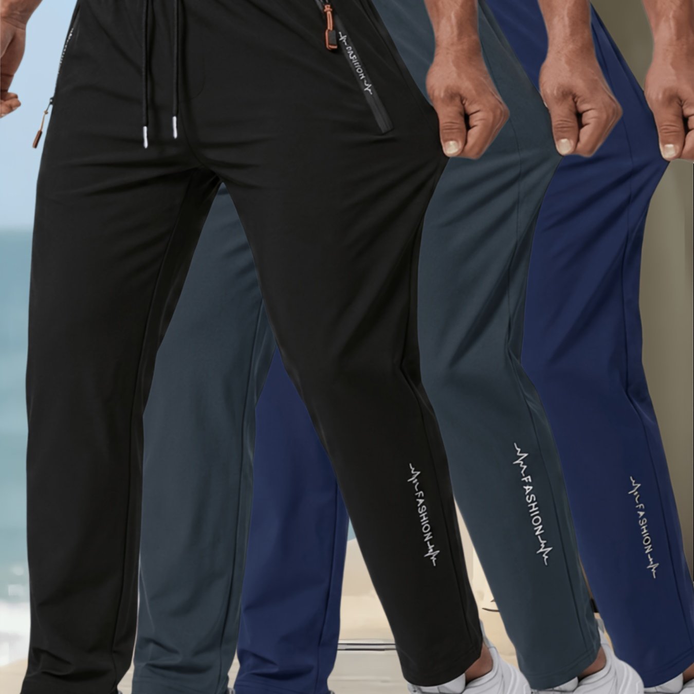 TEMU 3pcs (3pcs) Men's Straight- Casual Trousers With Adjustable Drawstring Waist - Solid Color Pants Suitable For Sports, Outdoor & Casual Attire,