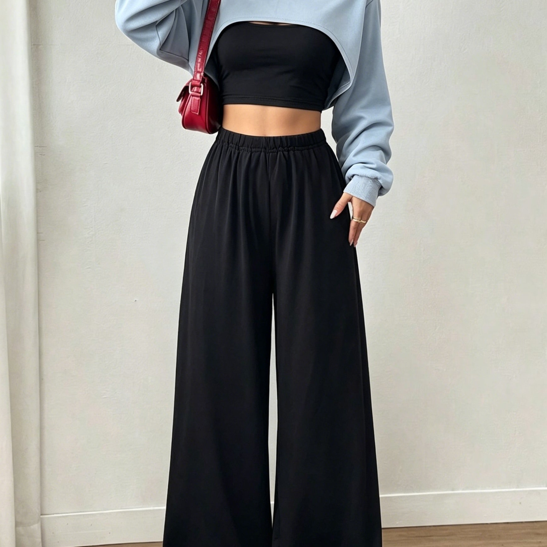 Image of Girls' Irregular Navel-baring Super Short Hooded Sweatshirt With Suspender Top + Casual Long Pants Set, For Outdoor