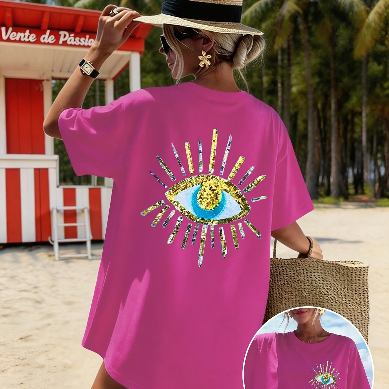 TEMU Women's Casual Eye Pattern Print T-shirt, Short Sleeve Round Neck Casual Top, Suitable For Summer Wear, Daily Wear, Women's Clothing, Women's