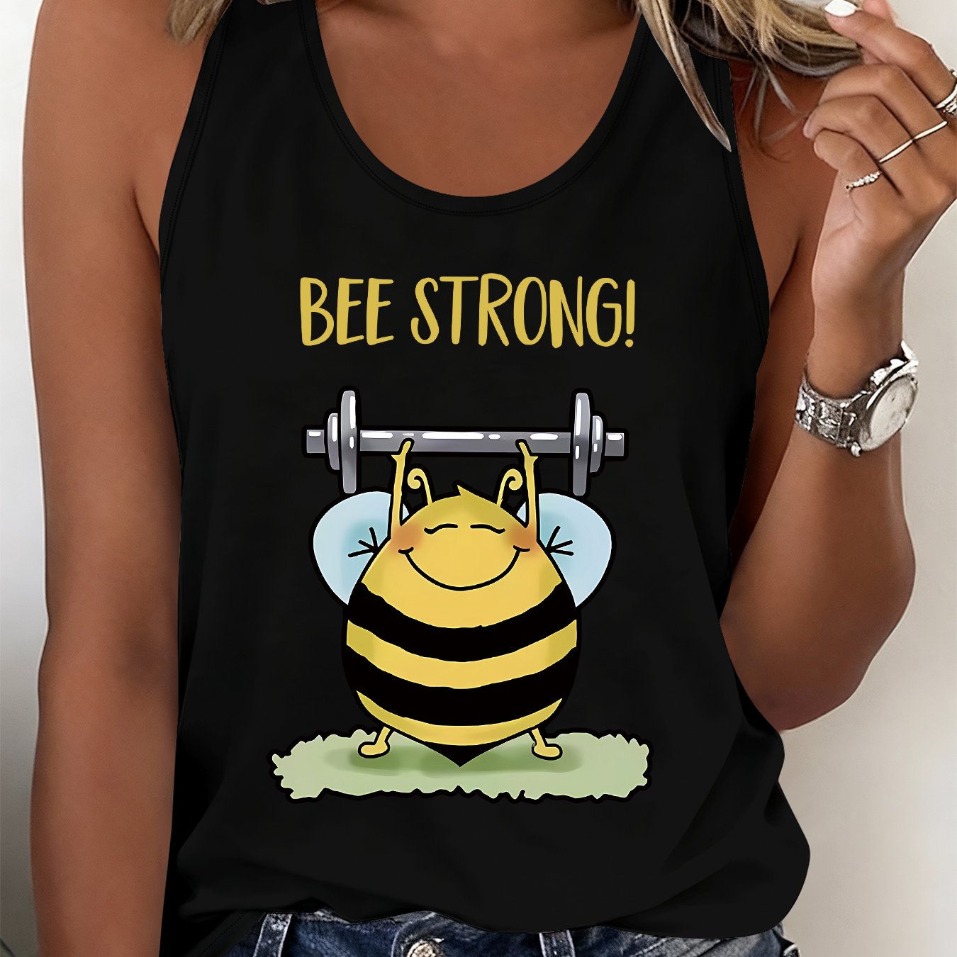 TEMU (064#) Women's Summer Vest, Cartoon Bee Lifting Barbell Print Vest, Fun Pattern Casual Top, Sleeveless Top