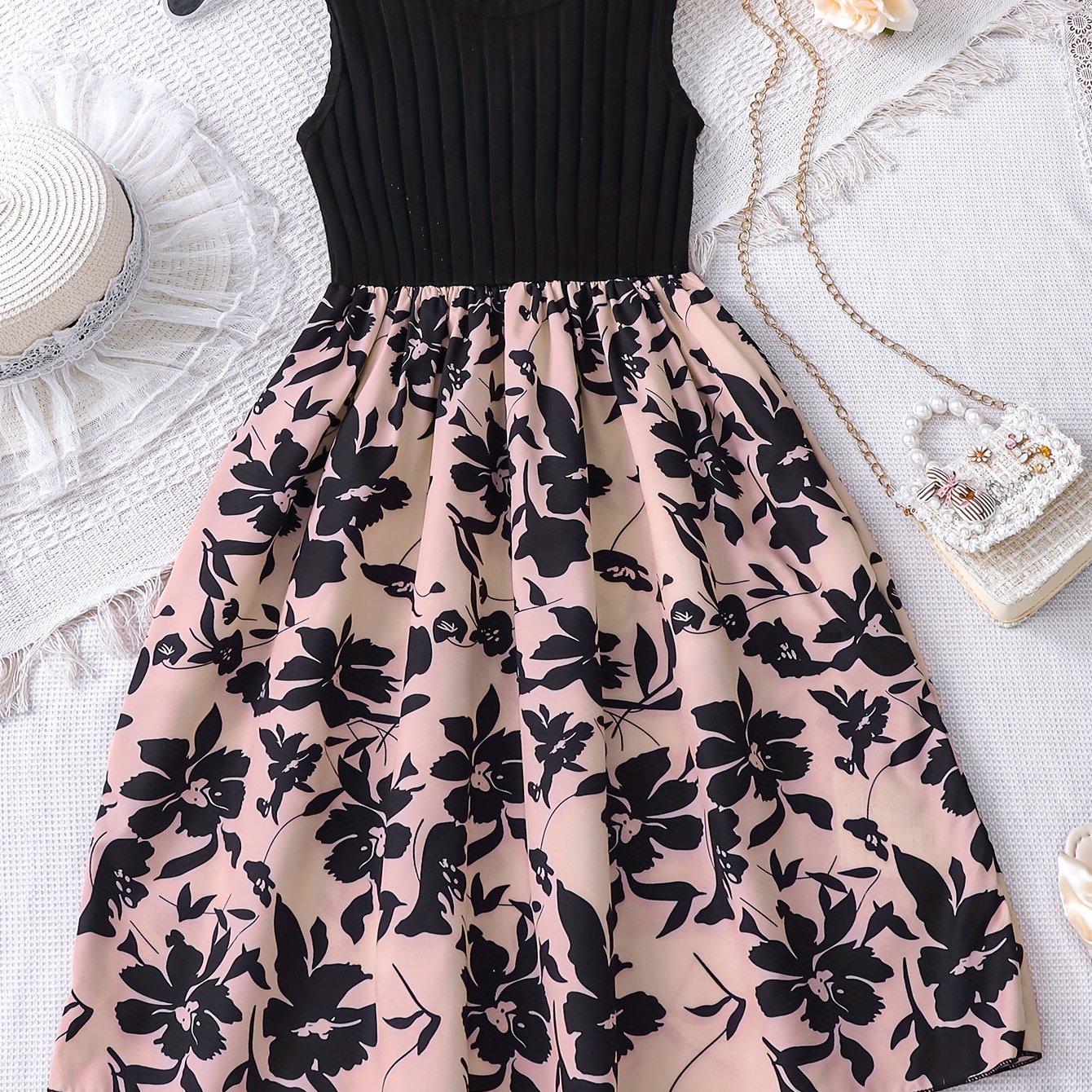 Girls' Summer Solid Color Ribbed Round Neck Floral Hem Casual Outing Dress