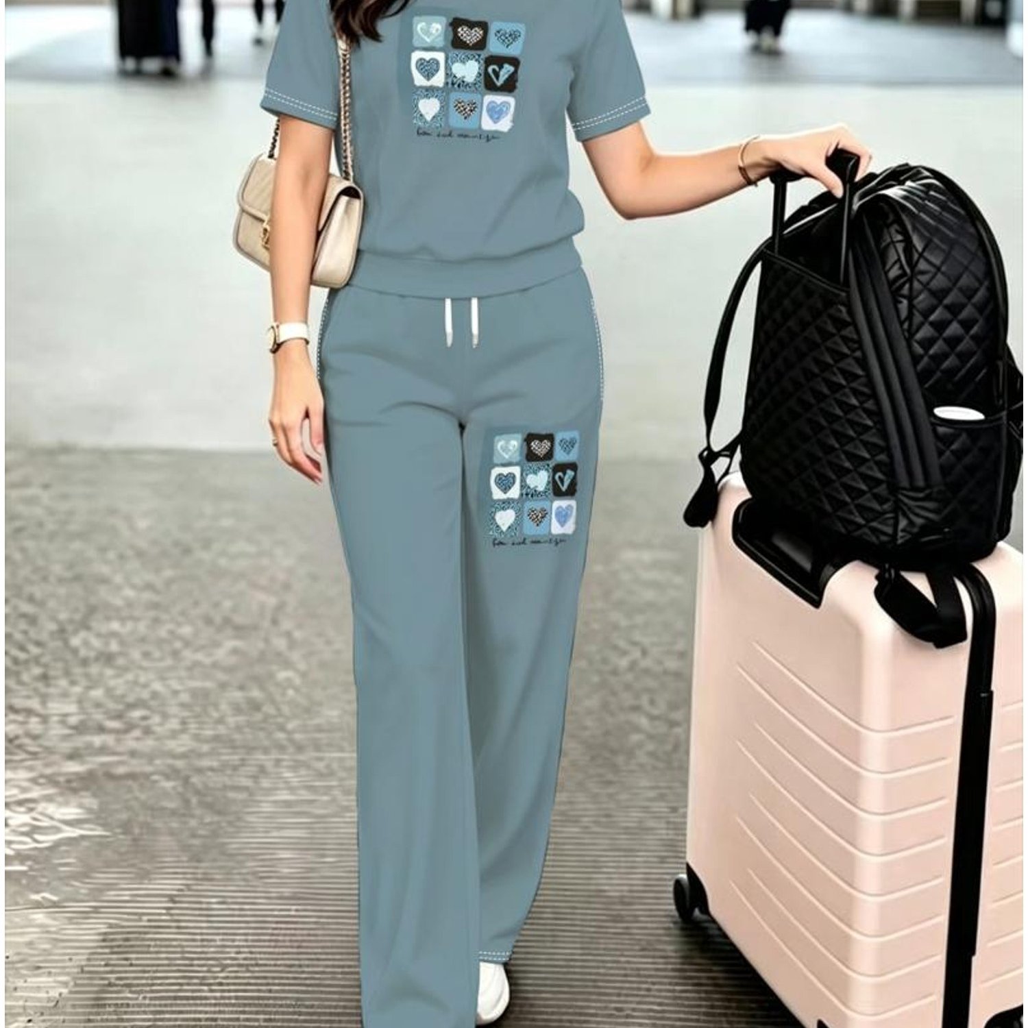TEMU [printed Design-not Textured] Women's 2pcs Set: Round Neck Short Sleeve T-shirt And Elastic Waist Long Pants, Breathable, Non-tight, Solid Color