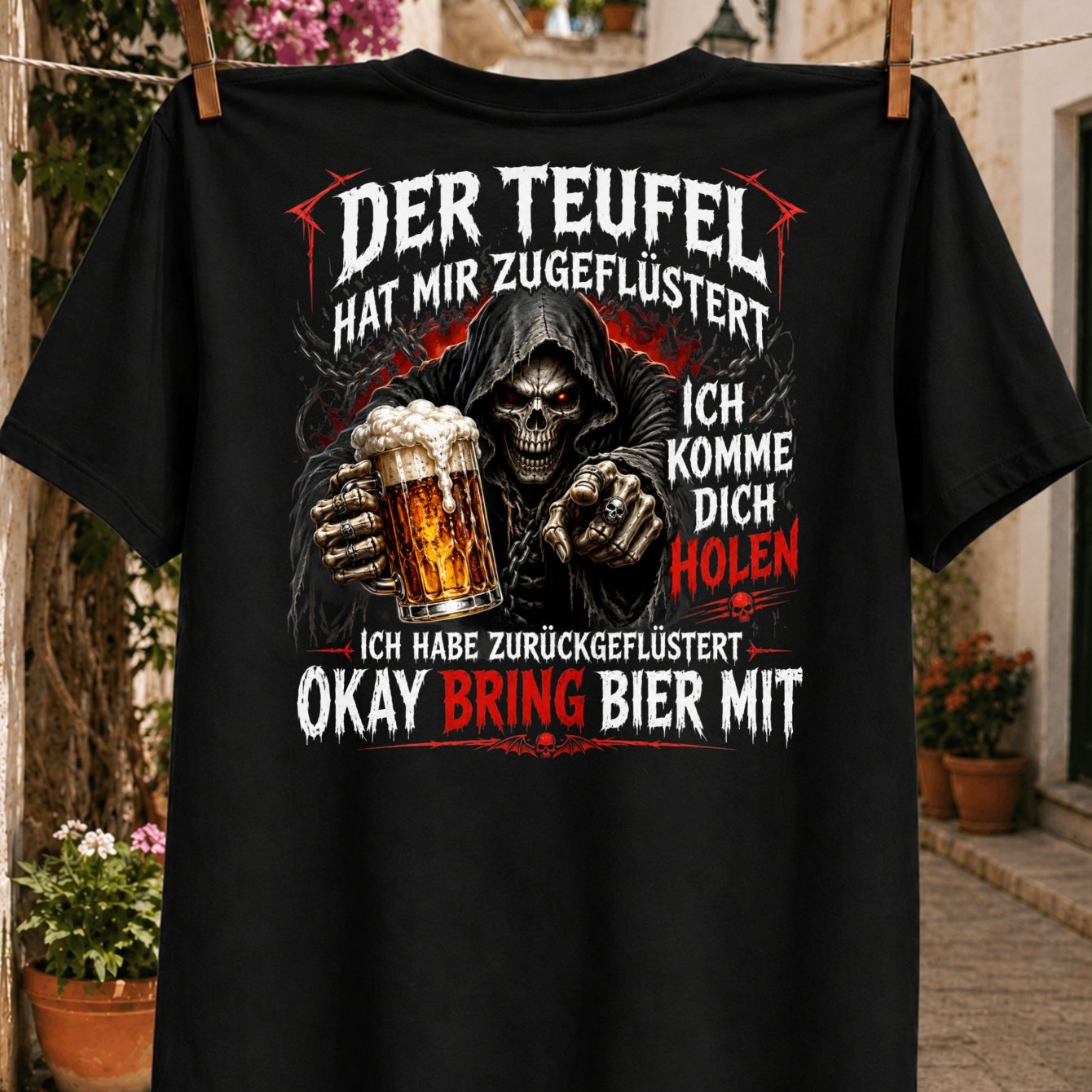 Image of Men' Gothic German Quote T-shirt With Reaper & Beer Print - "the Devil To Me" Suitable For All T-shirts, Casual Round Neck Tee, Machine Washable Wear For Themed Events & Everyday Outfits