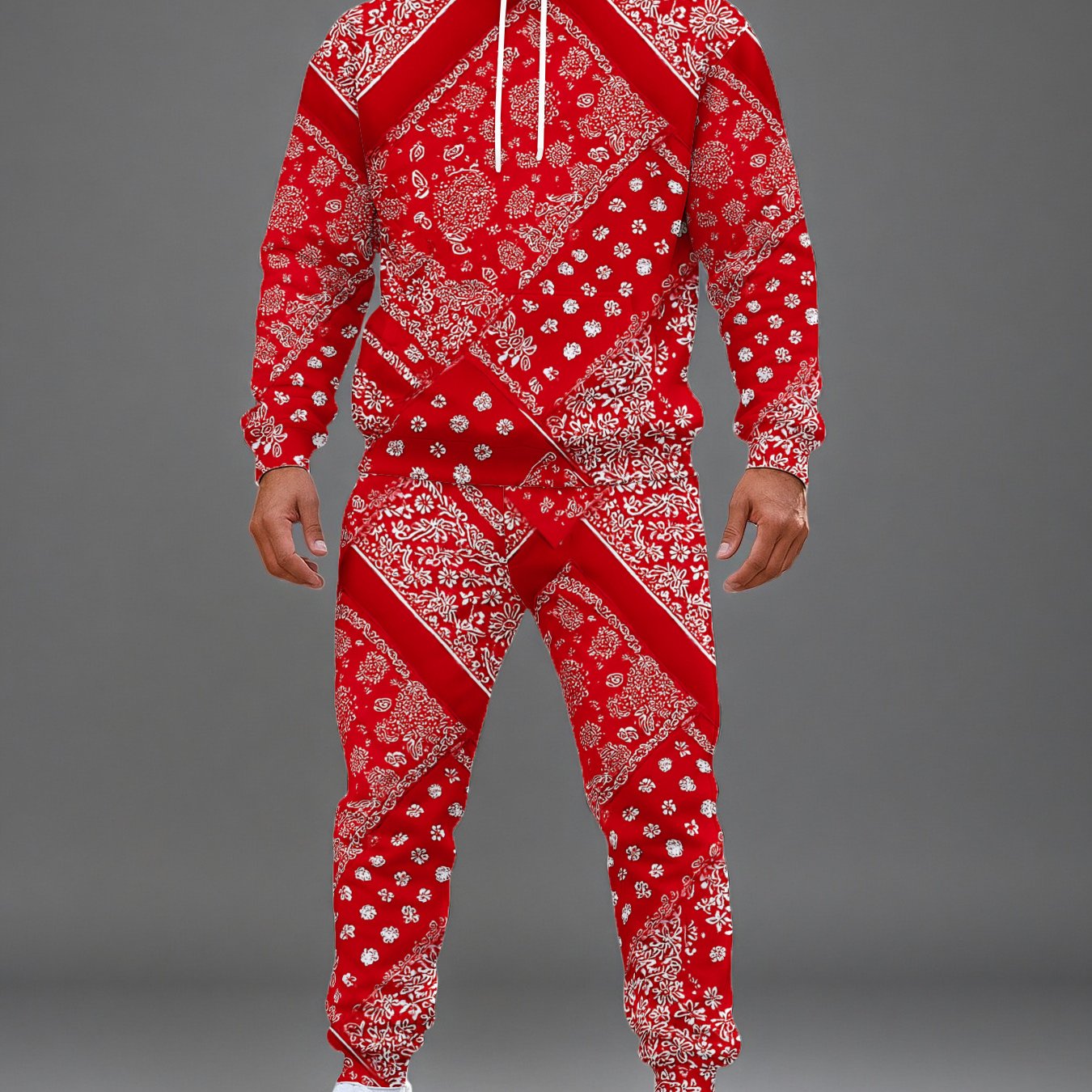 TEMU Men's Red Bandana Print Hoodie & Jogger Set | Oversized Streetwear Outfit With Polka & Paisley Pattern, , Gym & Urban Style, Matching Tracksuit