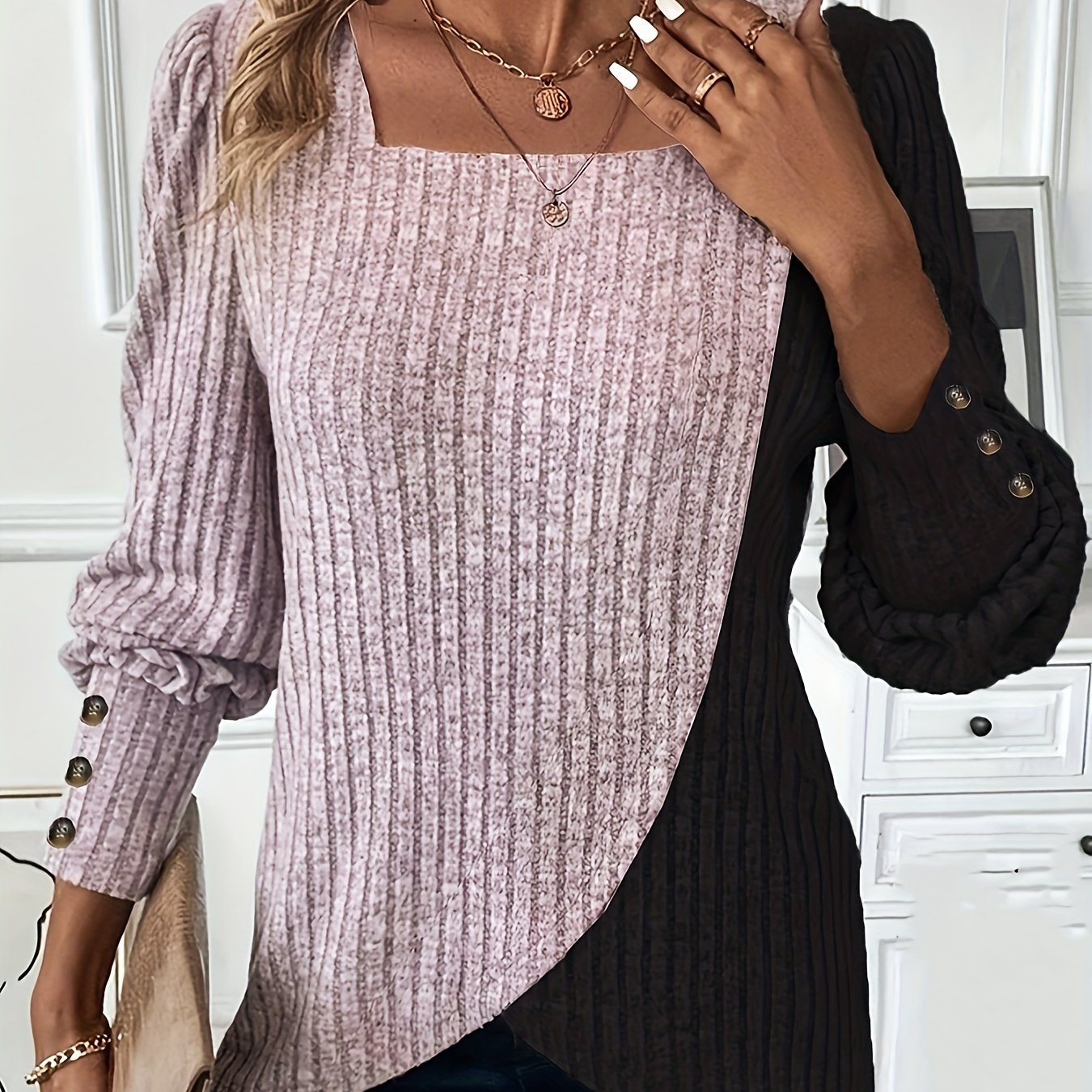 Targeted Development, Women's Spring/autumn Casual Fashion Long Sleeve Square Neck Color-block Top