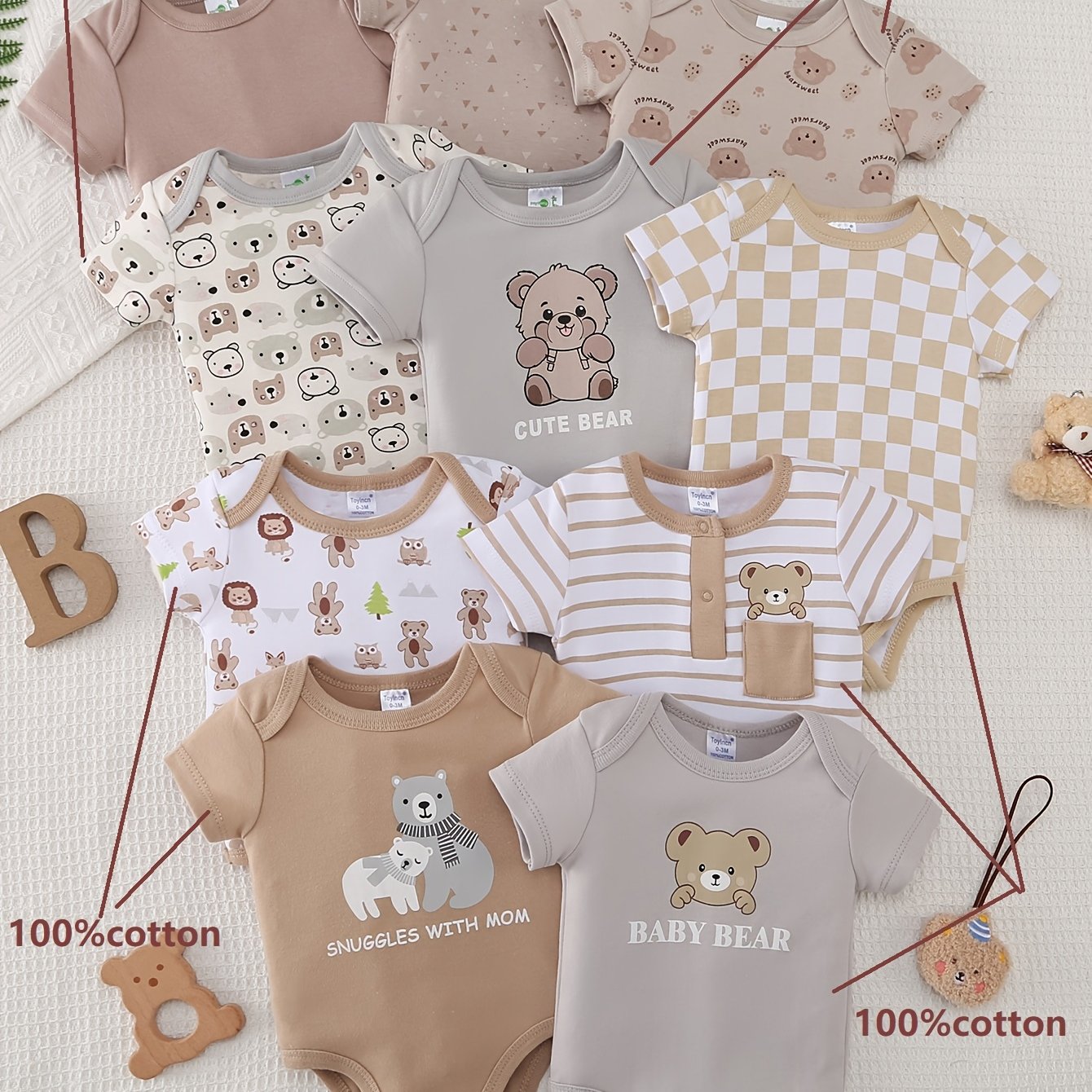 Image of 10pcs Boys' Onesies Set - Short Sleeve Snap-fit Rompers With Bear & Animal Print (, Unicorns, ) - 40% -like (/rayon) - Outfits 0-6 Months - Machine Washable Clothes