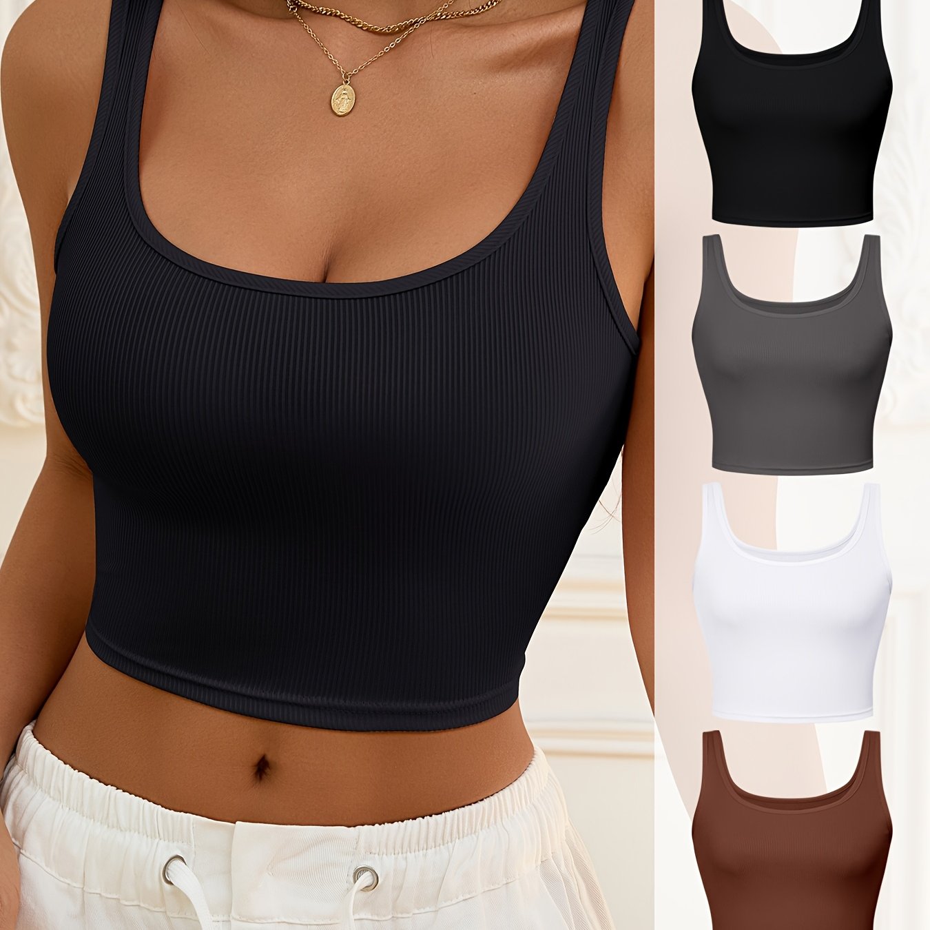 4pcs Women's Summer Outerwear Ribbed Sleeveless Tank Top, Comfortable And Slimming Thin Strap Short Vest