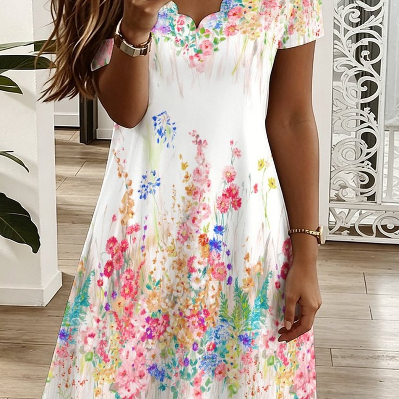 Plus Size, Summer -neck Short Sleeve Dress, All Over Geometric , Elegant Women Dress For Vacation Casual Party