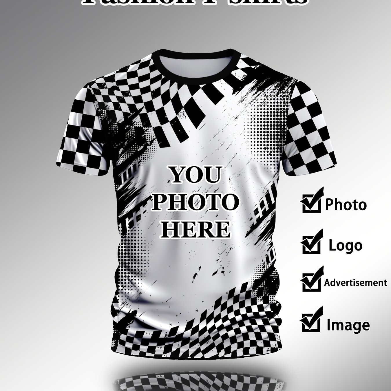 TEMU Personalized Custom 3d Print Fashion T-shirts For Men And Women, Featuring A Black And White Checkered Design, Round Neck Pullover Style,