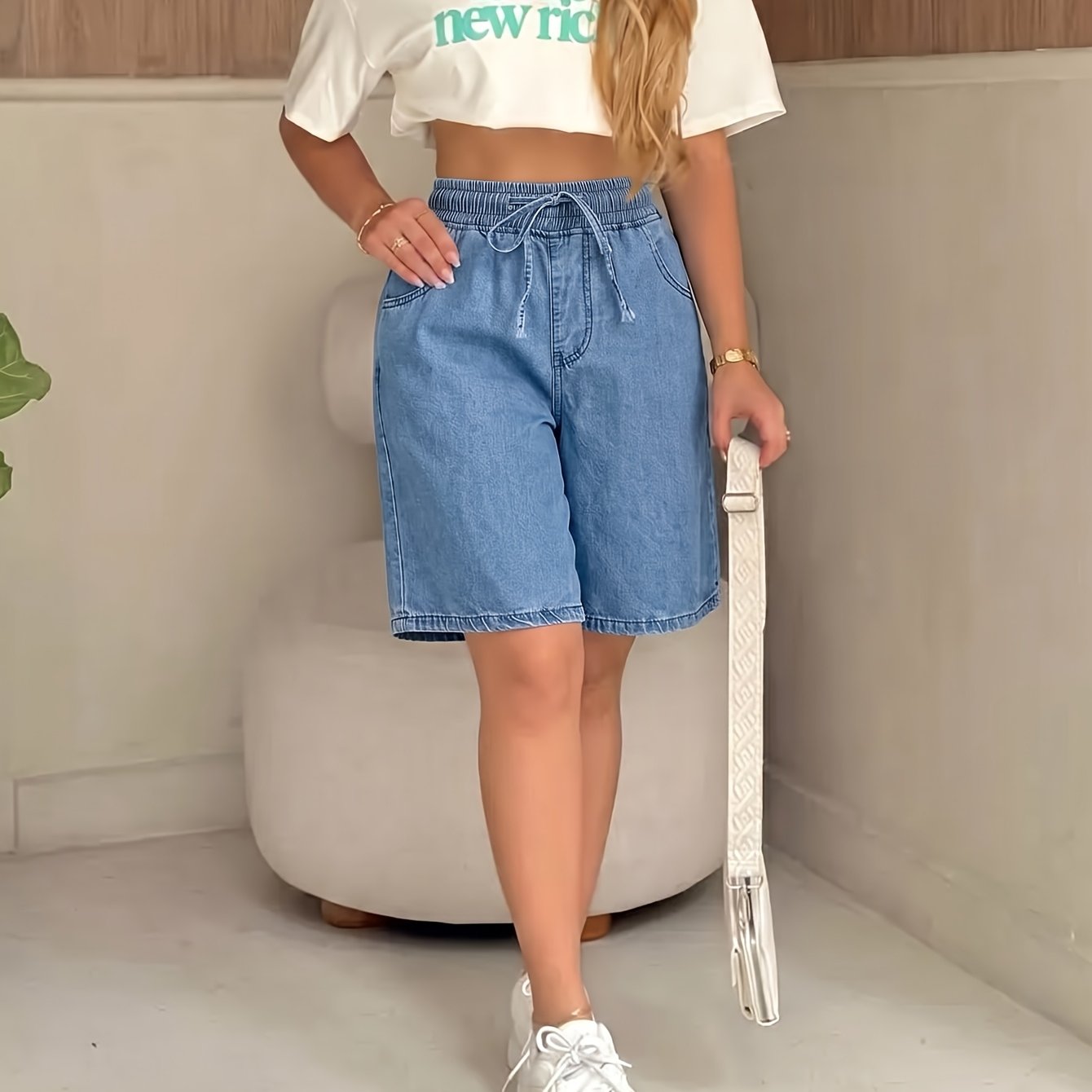 TEMU Pantalones cortos para mujer tipo denim de , transpirables, cómodos, sin elasticidad, con cintura elástica y cordón ajustable, versátiles e
