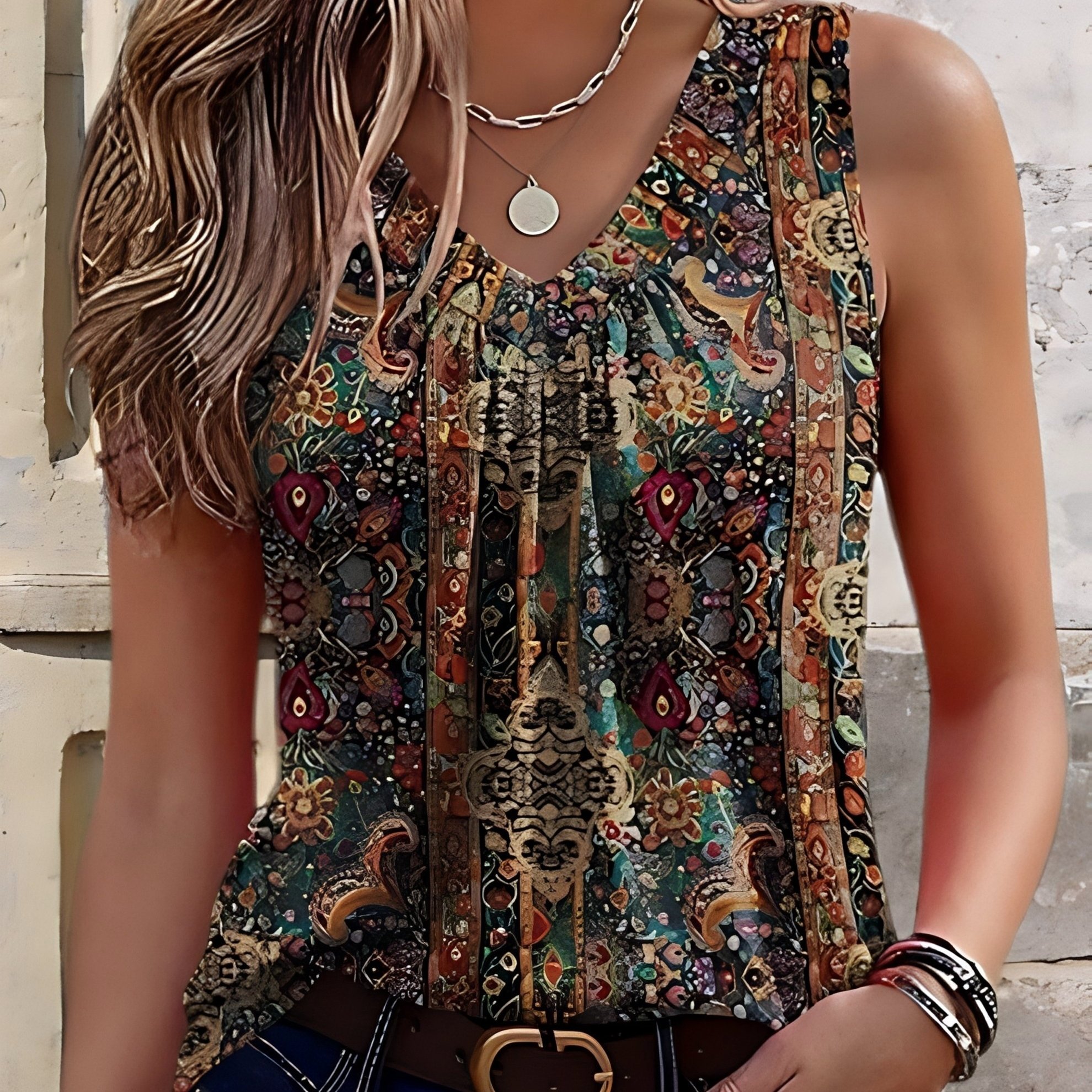 Image of Plus Size, Plus Size Women's Summer Sleeveless Loose , V-neck Pleated Shirt, -shirt, Fashionable Casual Wear