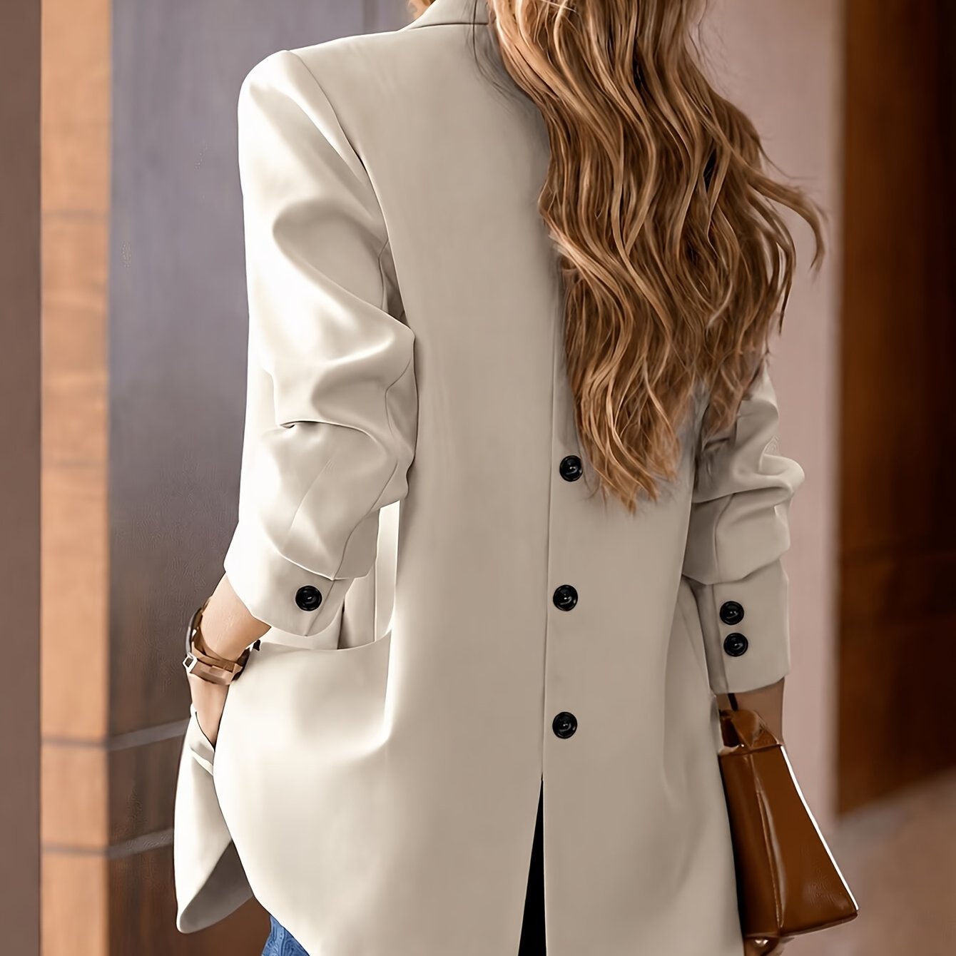 TEMU Fashionable Women's Elegant Blazer With Stylish Casual Slit Design, Solid Color Lapel, Single-breasted Suit Jacket