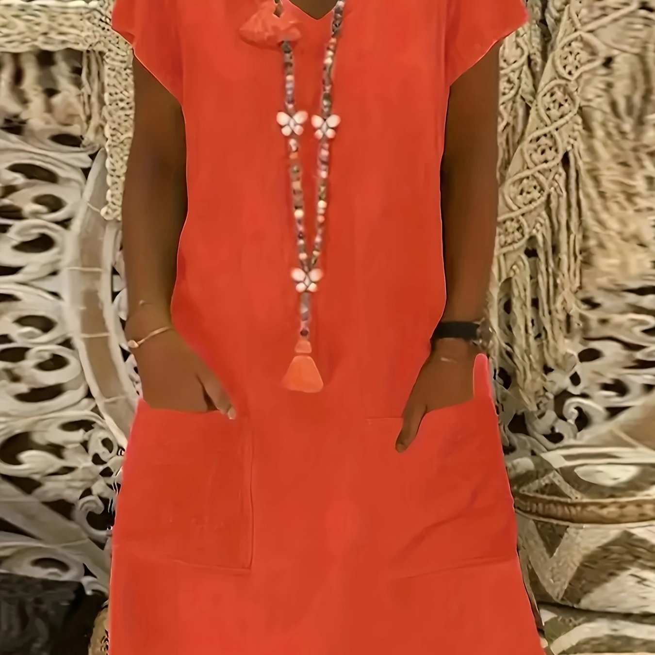 E-shop Damen-Kleid in Übergröße, Sommer-Kleid mit kurzen Ärmeln, V-Ausschnitt – einfarbig – Linienschlitz-Kleid mit , maschinenwaschbares, lässiges