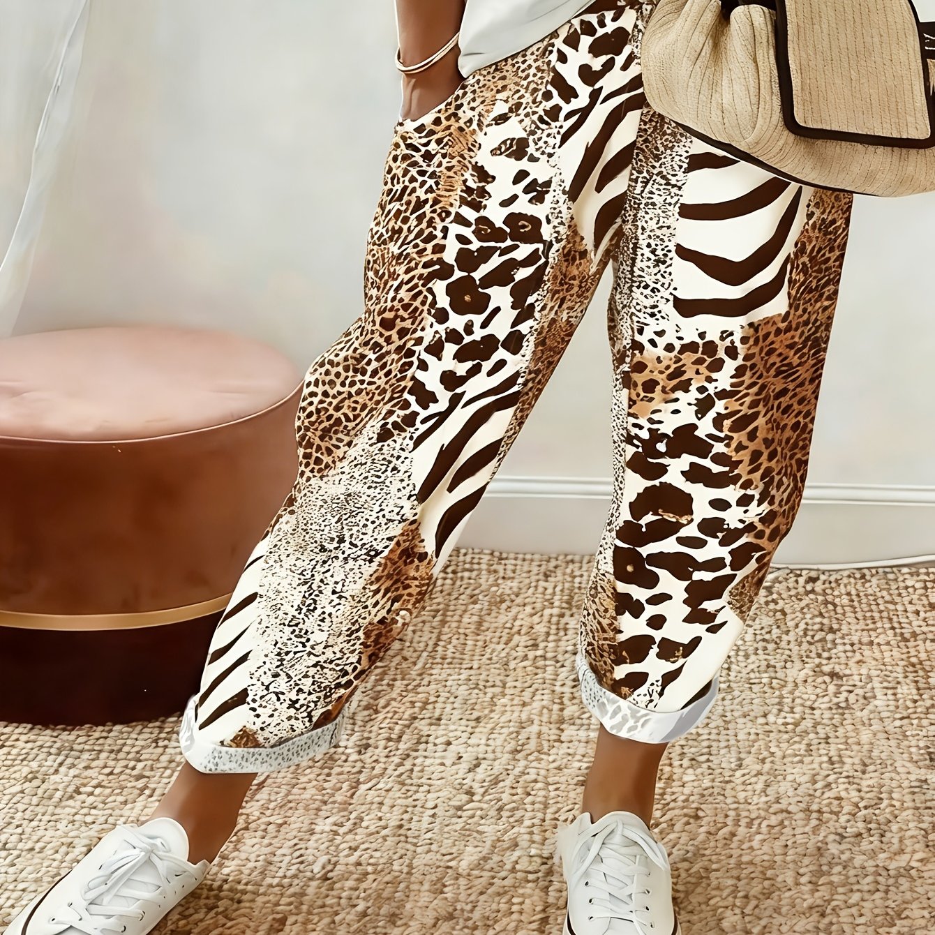 E-shop Einfache bedruckte Damenhose für Frühling/Sommer – Farbenfrohes abstraktes Design, elastischer Bund mit , lockere Passform für den Herbst, für