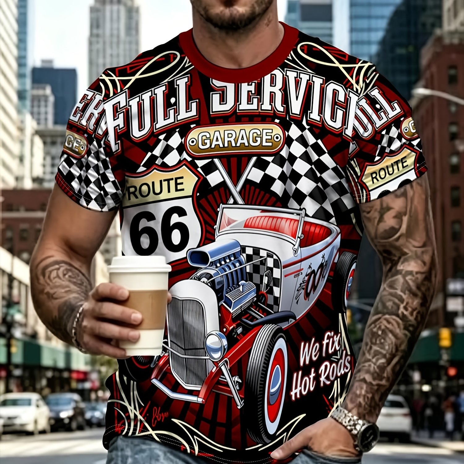 TEMU Men's Novelty T-shirt, Hot Rod Retro Design, Polyester Material, Mixed Colors , Aesthetic, Garage Graphic, Casual Daily Wear, Trendy Style