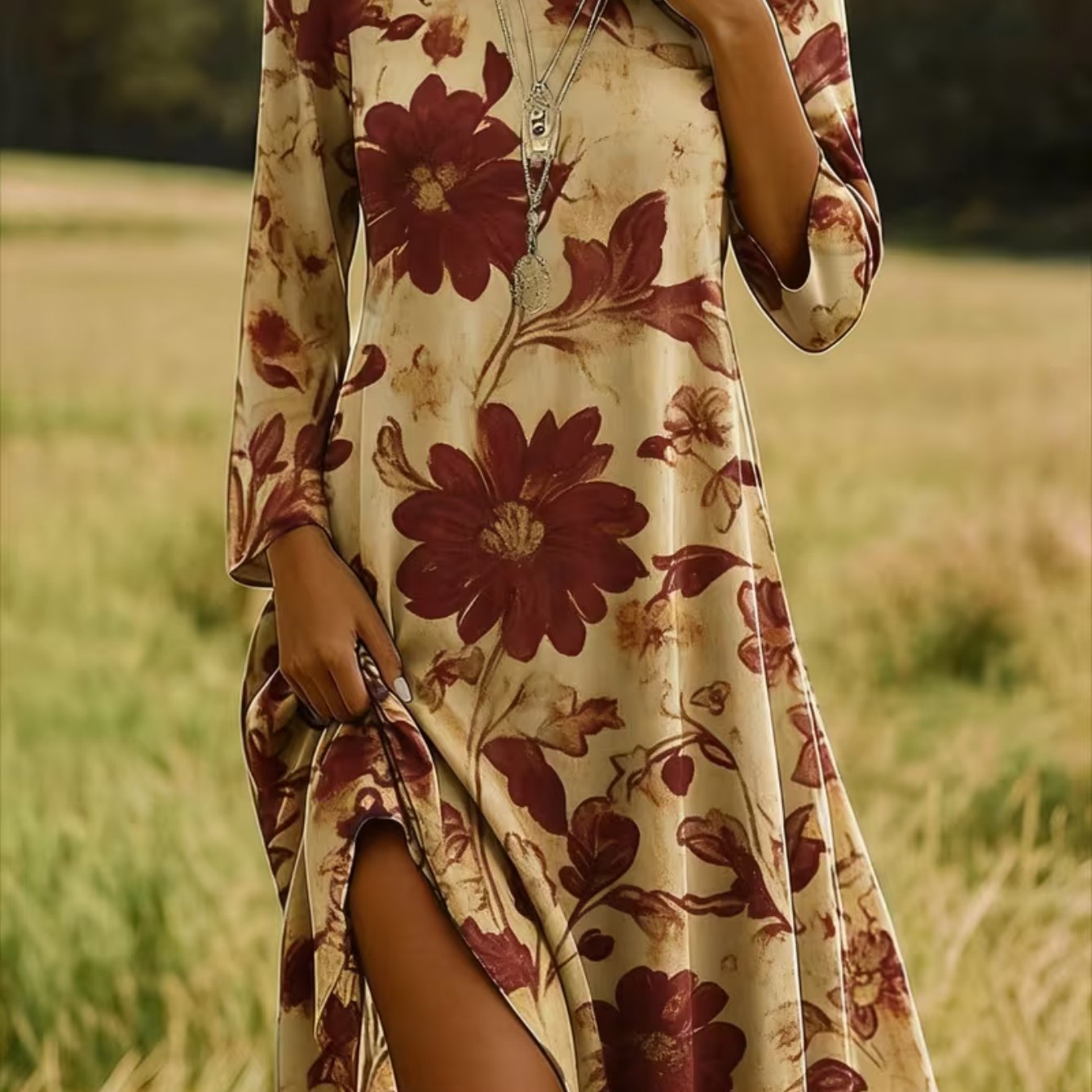 Plus Size, Comfortable And Stylish 3d Printed Long-sleeved Dress, Classic And , With Bright And