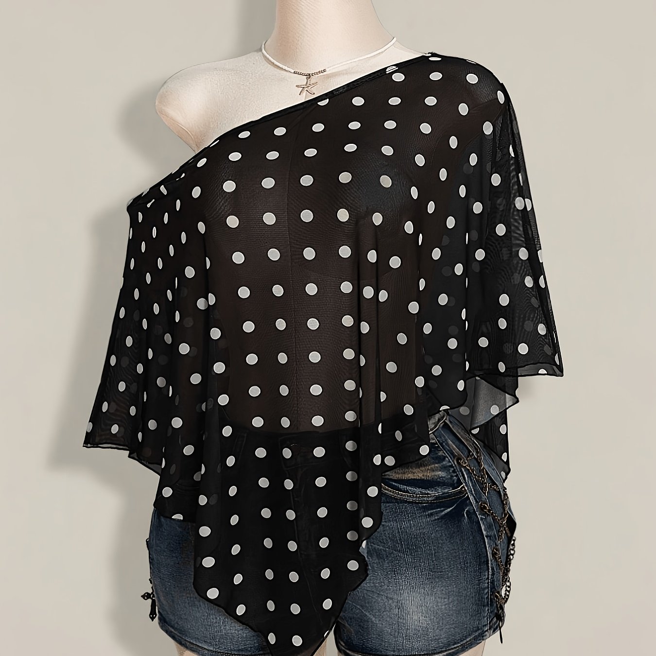 TEMU Plus Size, European And Polka Dot Women's Off-shoulder Chiffon Top Shawl