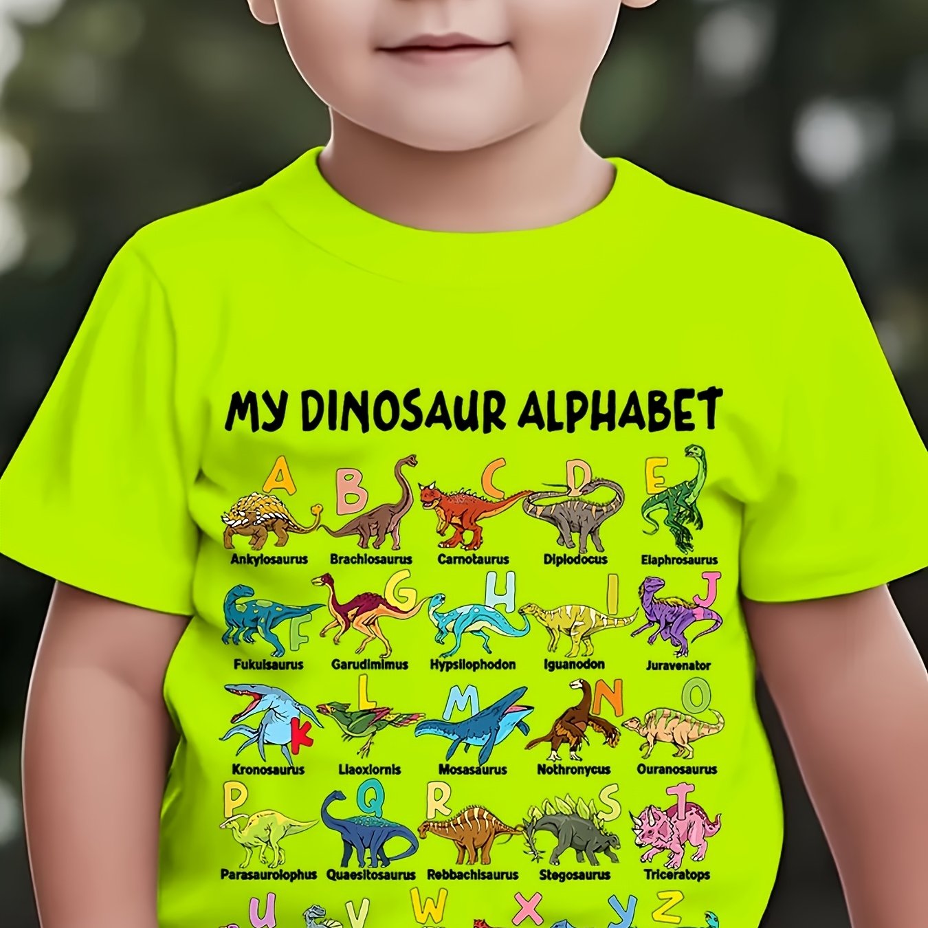 TEMU Summer Boys' Trendy Short-sleeve Shirt Featuring A Dinosaur-themed Alphabet Print For Outdoor Casual Wear, Model Ny-dx5404