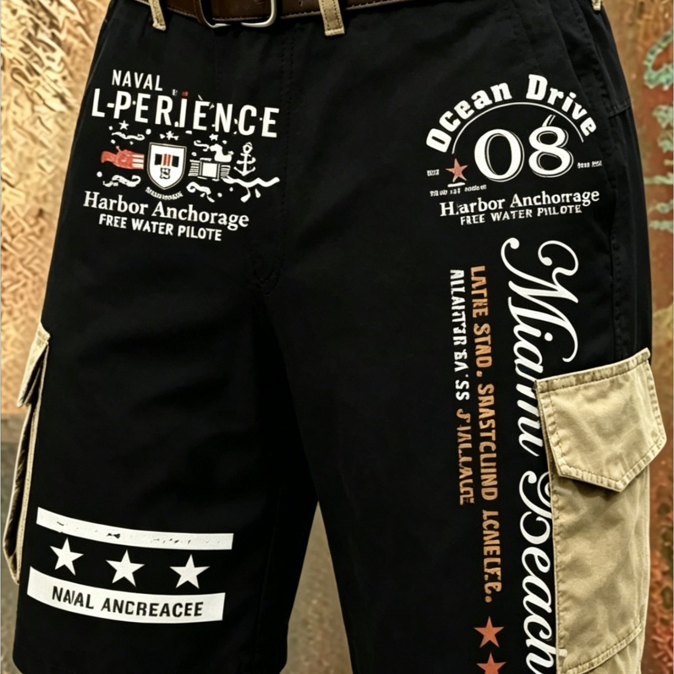 Image of 1pc Men's Nautical Print Cargo Shorts, Black & Beige With Naval & Miami Beach Graphics, Casual Multi- Shorts, Breathable Fabric For Streetwear, Vacation And Daily Wear