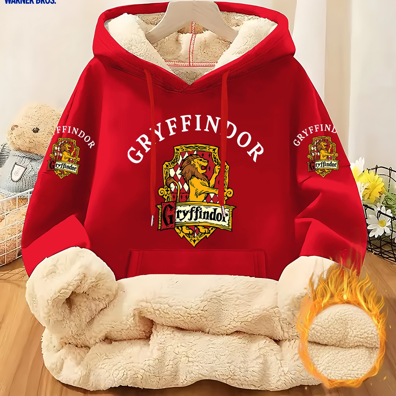 TEMU Officially Licensed By Warner . Harry Potter Light Pale Print Gryffindor House Women's Fleece Lined Warm Hoodie, Y2k Style, Warm For Winter,