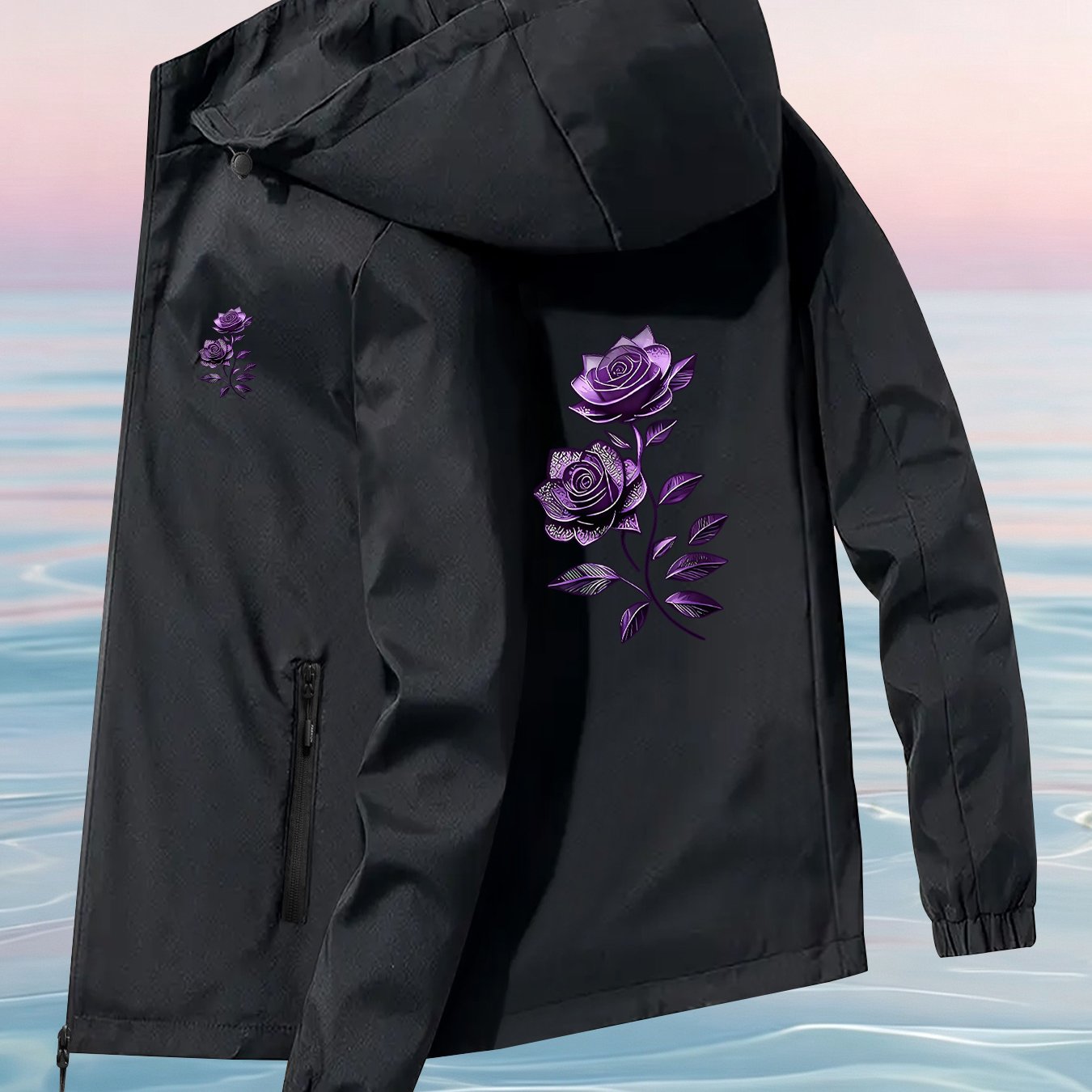 TEMU Women's Windbreaker, Purple Rose Print Long Sleeve Zipper Pocket Hooded Jacket, Couple Lightweight Women's Windbreaker Jacket, Outdoor Casual