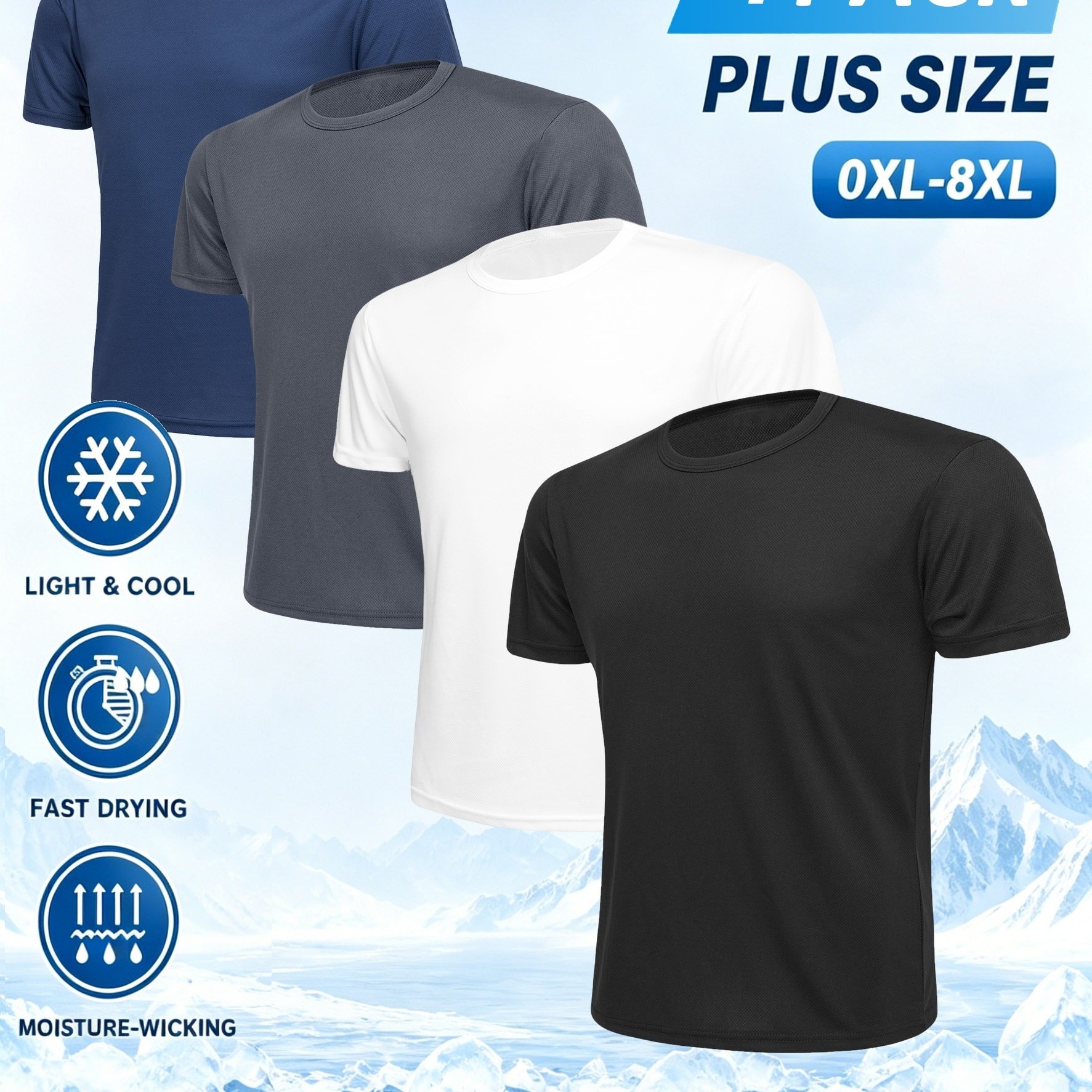 TEMU 4pcs Plus Size Men' T-shirt, Black And White Dark Gray Blue Red Fluorescent Green, Mixed Color, Quick Drying Breathable Round Neck Short Sleeved